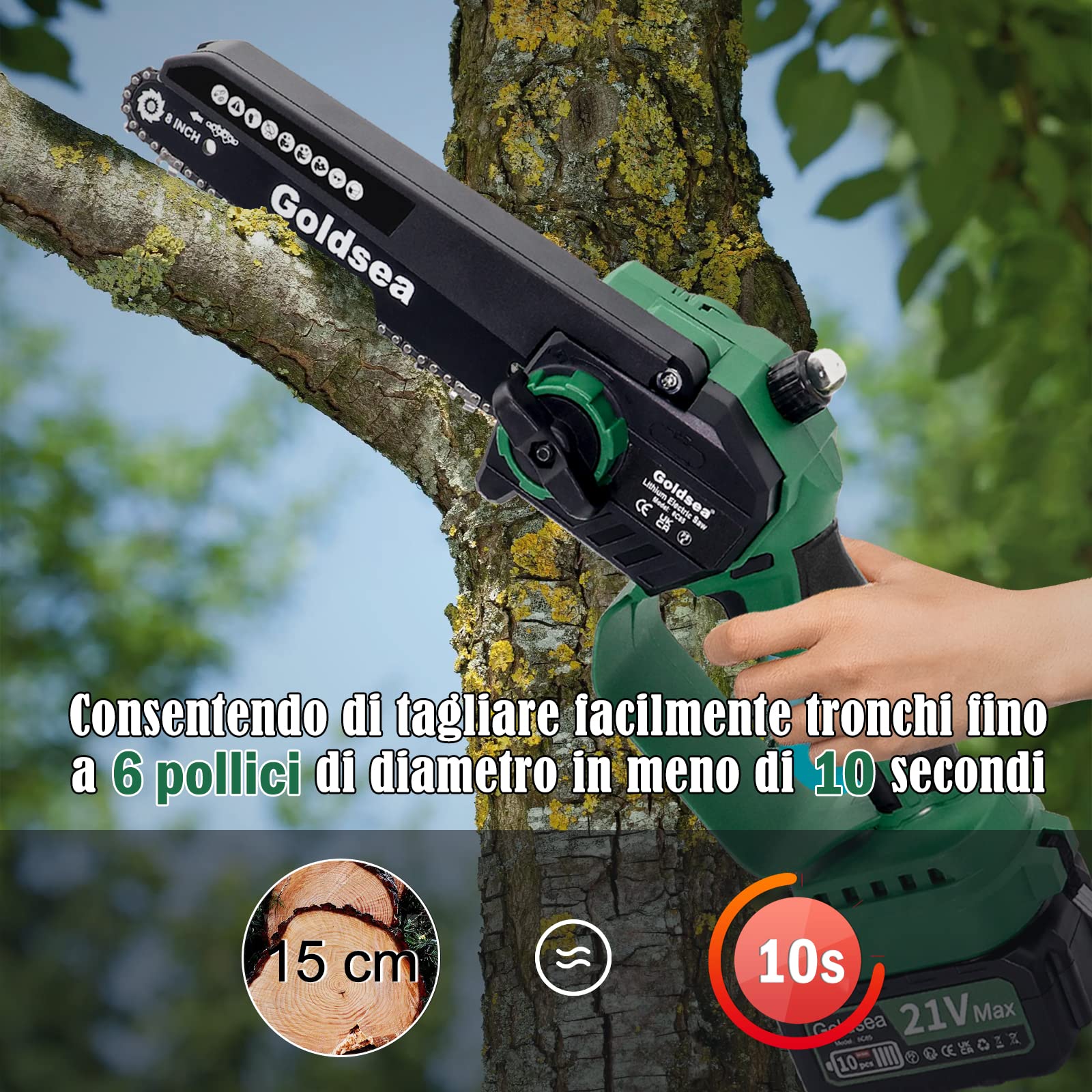 Mini Motosega a Batteria, 8 Pollici Motosega a Batteria per Potatura con 8000mAh Batterie, Goldsea Sega a Batteria per Potatura con Motori Brushless per il Giardinaggio Potatura Albero Taglio del