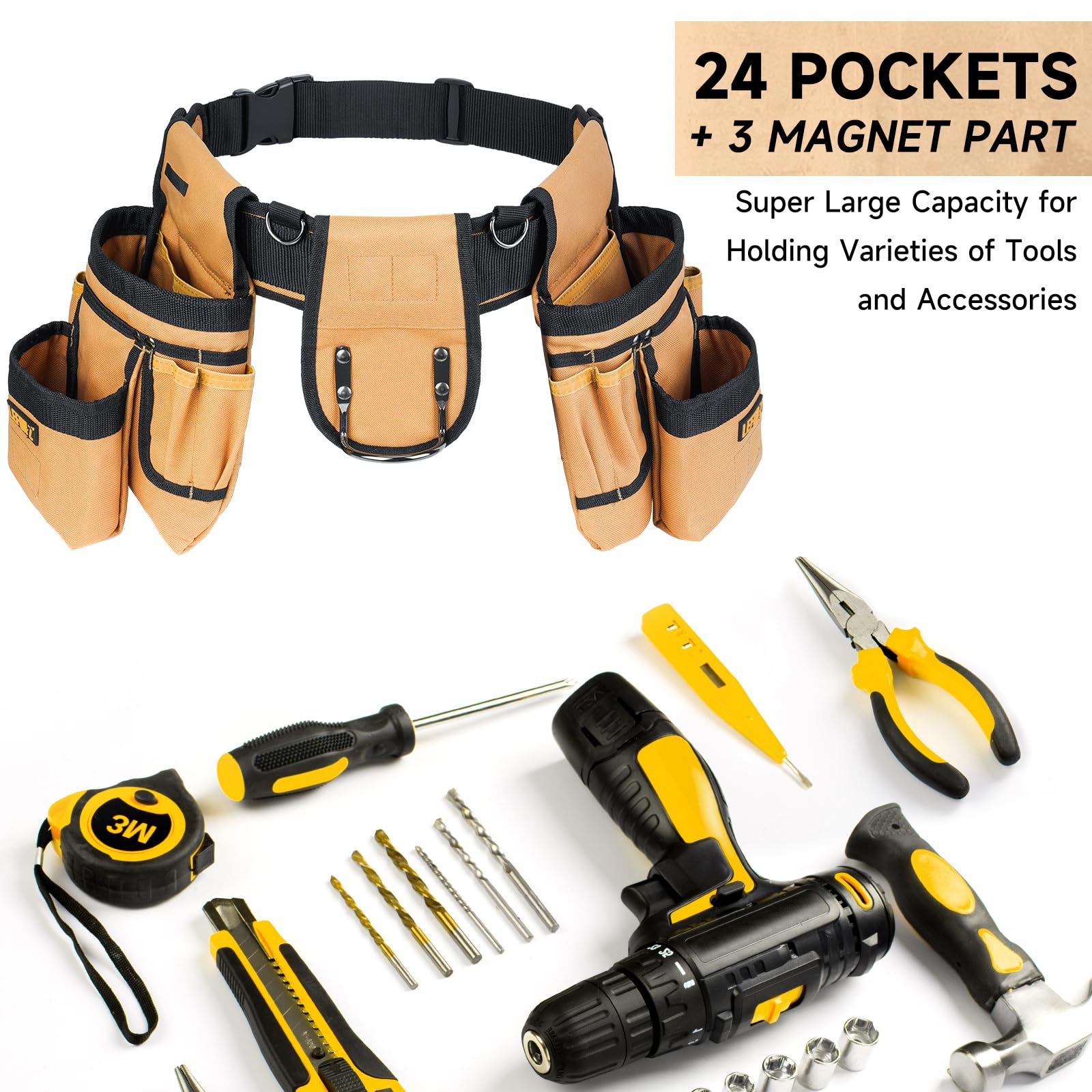 Ceinture porte Outils mit 27 Poches,Ceinture à Outils,Amovible Réglable Sac à Outils Magnétique avec 4 anneaux en D,Rembourrée Robuste pour Hommes,électriciens,Charpentiers,Ouvriers du Bâtiment