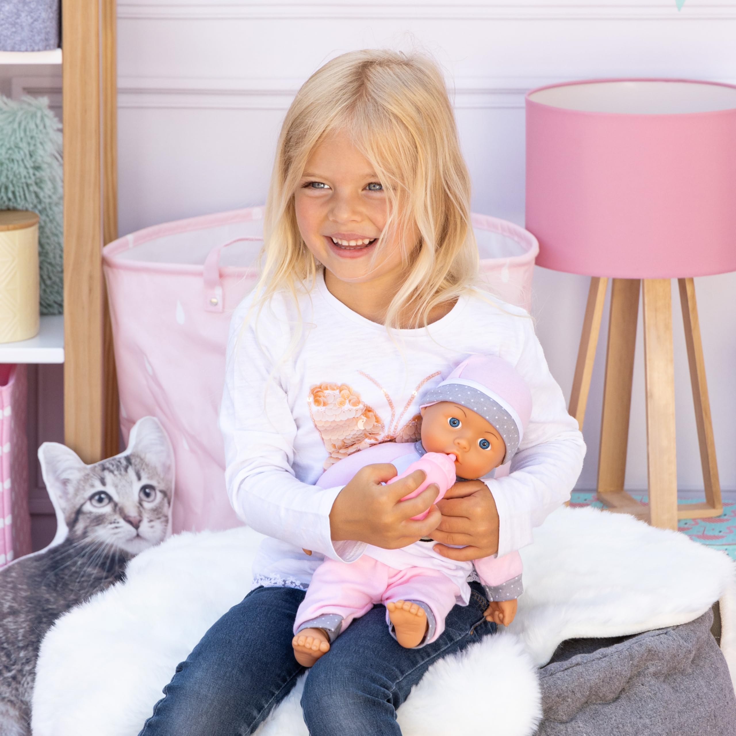 Bayer Design 93602AA Bambolotti, Educativa, Interattiva, Kiss Baby, Bambola parlante, dà un bacino, con biberon e ciuccio, rosa, bianco, 36 cm