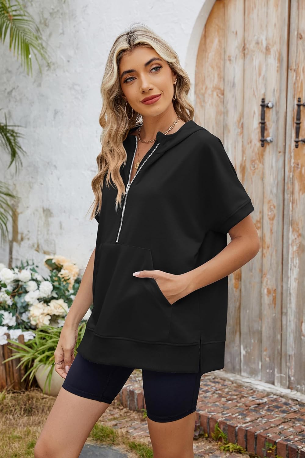 Women Summer Hoodies Shirt Short Sleeve Half Zip Loose Fit Oversized Plus Size Tunic Top Spring Fall - Image 5