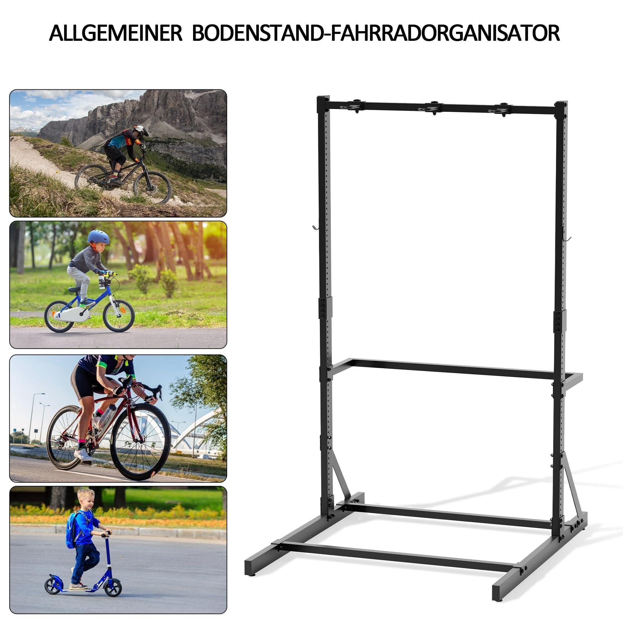 Wolnostojący stojak na rowery do garażu i domu – stalowy stojak na 5 rowerów (136 kg) z pionowym schowkiem, hakami i uchwytami na kask
