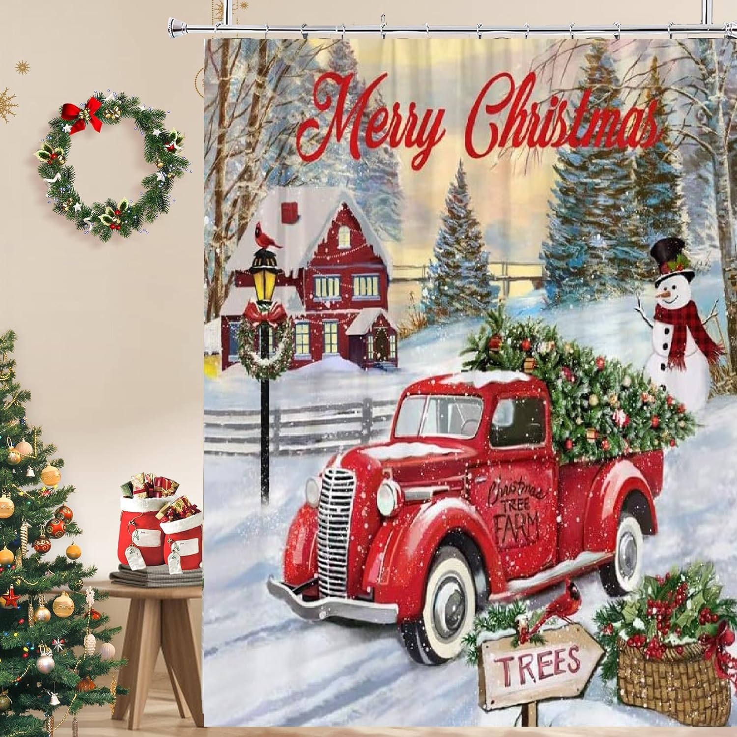 BIVINAR Christmas Shower Curtain, Vintage Red Truck with Xmas Pine Tree Shower Curtain, Winter Forest Snowscape Cute Snowman Merry Christmas Shower