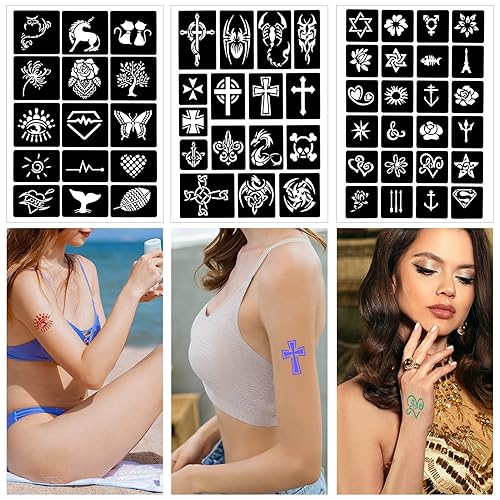 Miniatura 6 de Plantillas de tatuaje para niños y adultos – Kit de 16 hojas de henna con diseños pequeños y grandes para tatuajes reales – esqueleto, araña, búho,