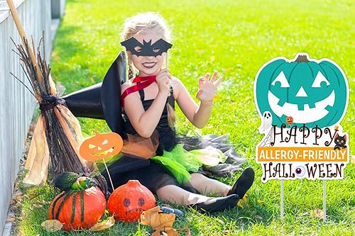Miniatura 7 de WhatSign Letreros de Halloween para patio, aptos para alérgicos, decoraciones de Halloween para exteriores, diseño de calabaza verde azulado, con