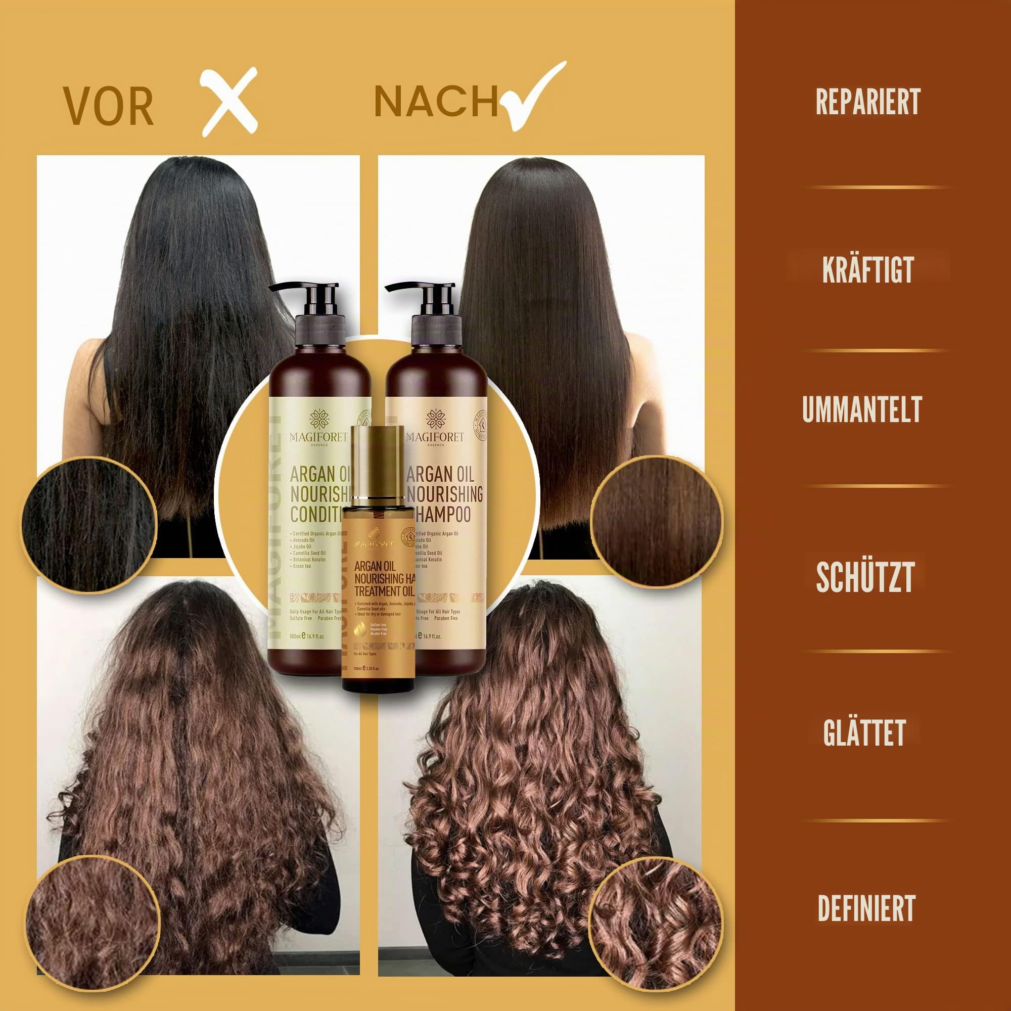 MagiForet Haarpflege Set mit ArganölShampoo 500ml + Conditioner 500ml + Haarserum 100ml, Anti Frizz, Sulfatfrei, Parabenfrei –pflegt Locken, krauses und farbbehandeltes Haarweich und geschmeidig