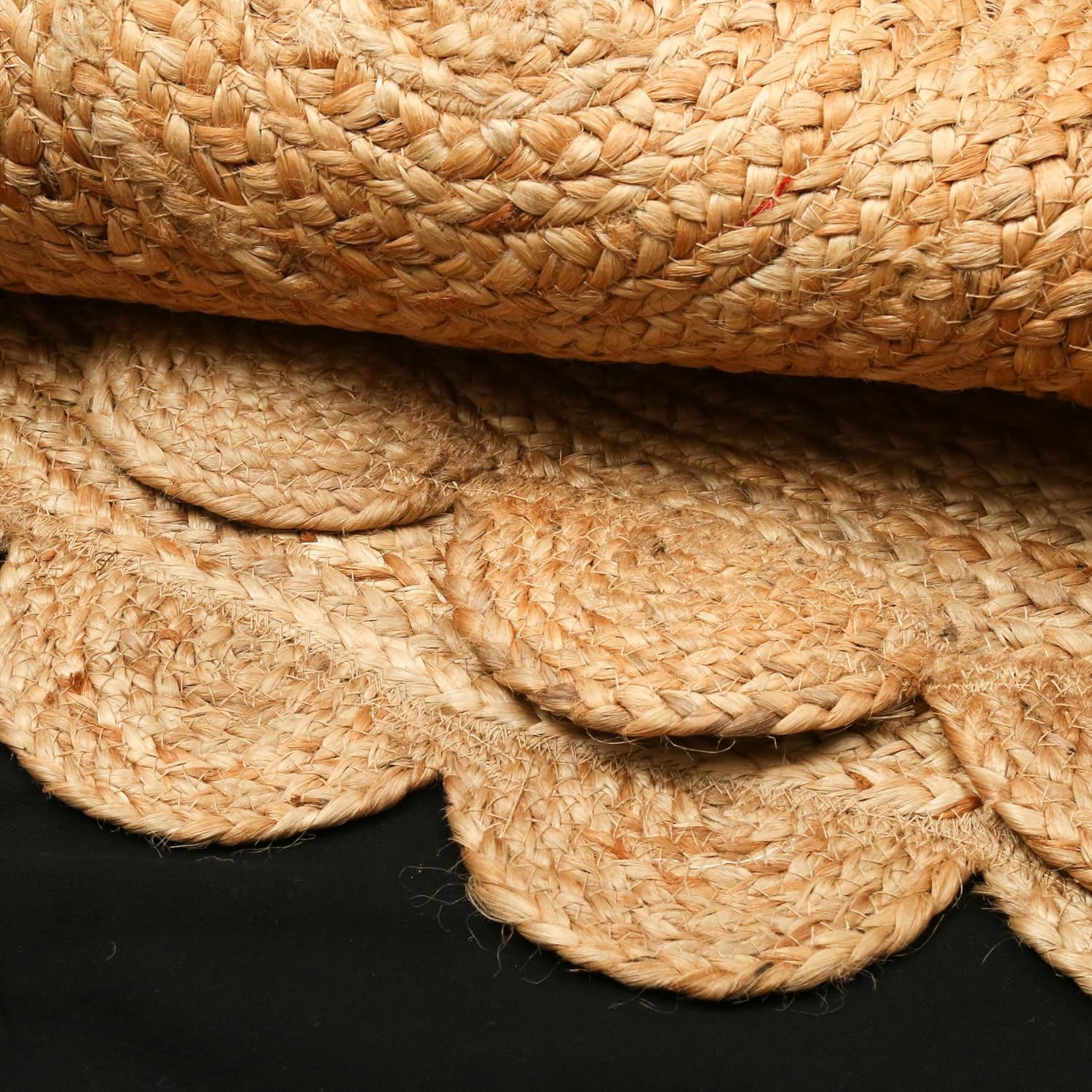 Tapis indien tressé à la main en jute naturelle tissée à la main, motif festonné, tapis bohème pour salle à manger, cuisine, couloir, chambre d'enfant (ovale, 60 x 90 cm)