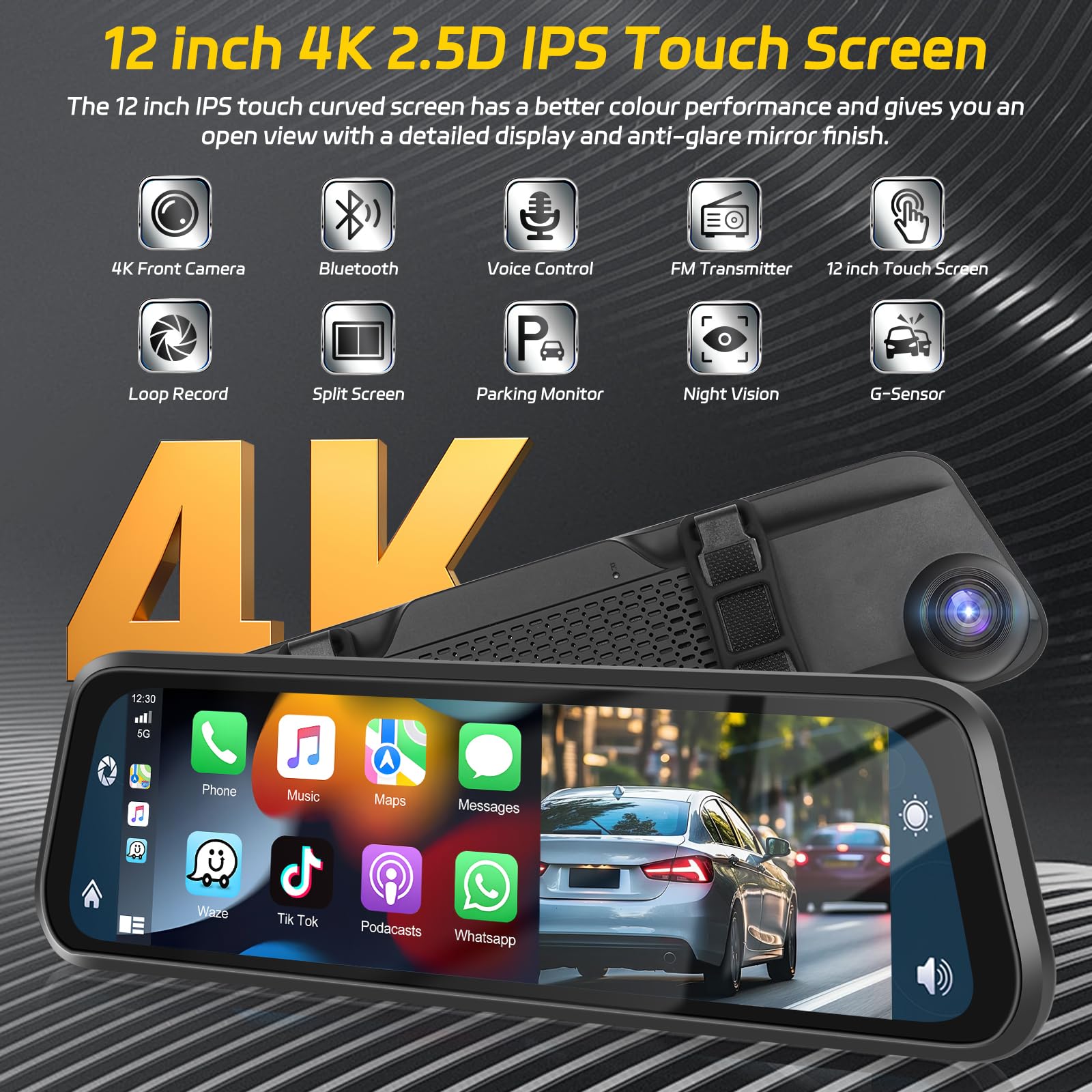 Podofo Caméra de Tableau de Bord Miroir 12" avec Carplay sans Fil, Android Auto avec caméra de recul HD, écran Tactile IPS Double rétroviseur 1080P Dashcam Dash Cam Voiture, 2 écrans divisés