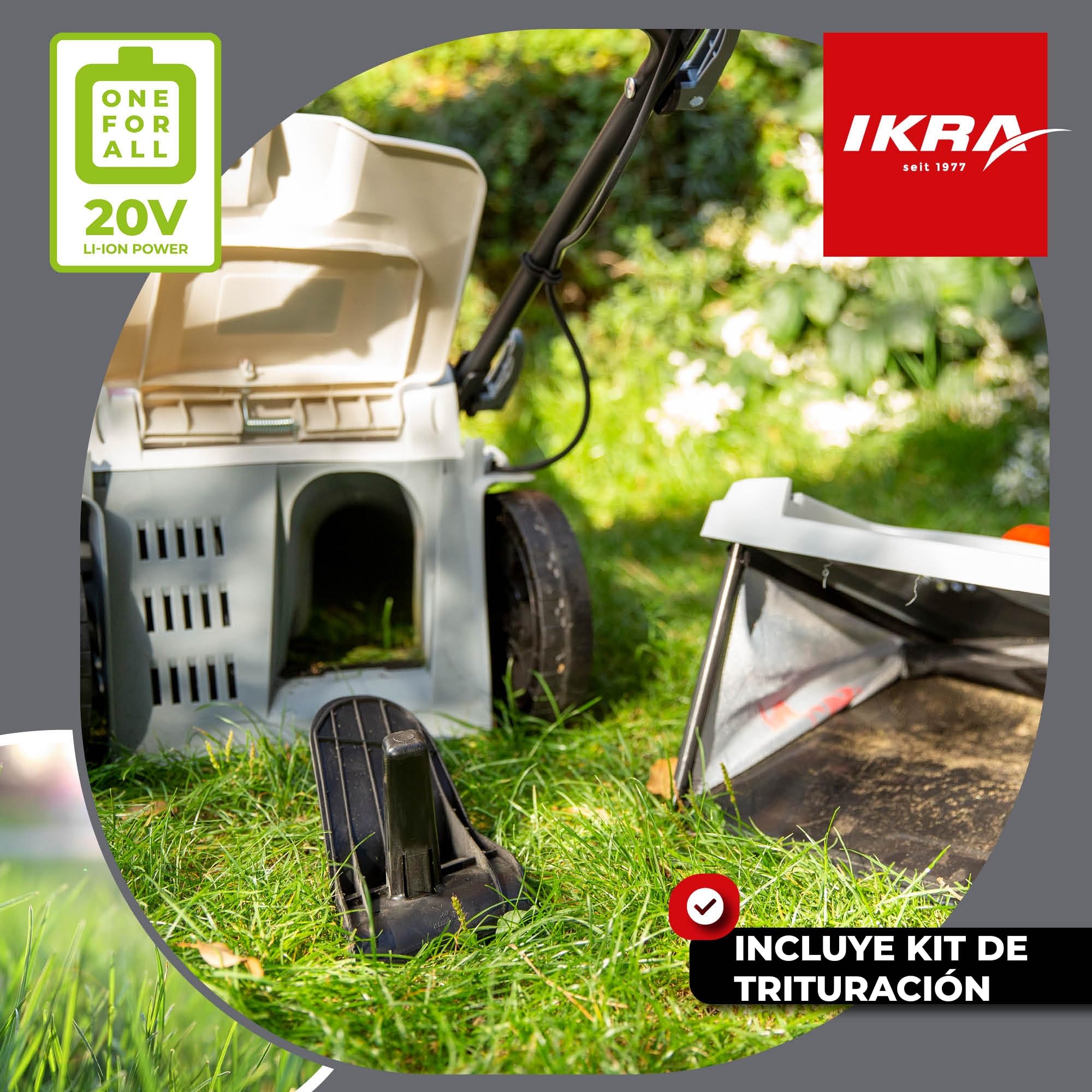IKRA cortacésped ICM 2/2037, Ancho 37 cm, 2 baterías de 20 V y Cargador | Altura de corte 25-75 mm, cortacésped con mulching para céspedes de 250 m², bolsa 40 l, gama de baterías de 20 V de IKRA