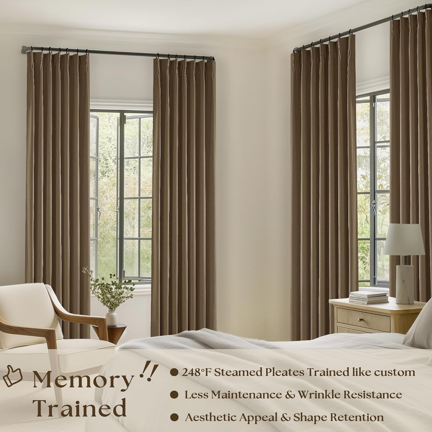 dutch cocoa pleated linen blackout curtains 102 inches long for bedroom living room pinch pleat black out thermal insulated ring hooks room darkening drapes brown curtains with liner 40x102 dutch cocoa 40"w x 102"l (pack of 2)