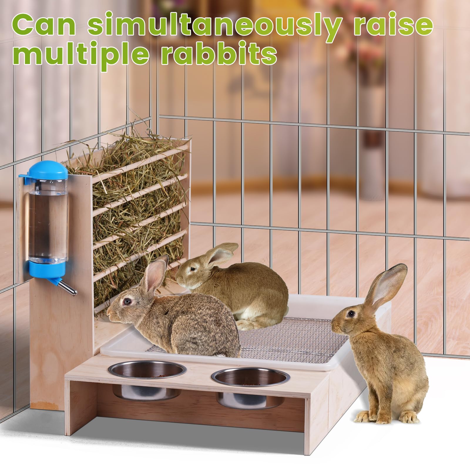 4 in 1 Groß Heuraufe Kaninchen Holz Futterspender Heu Kaninchen mit Katzentoilette Wasserflasche Futternäpfe für Hamster Hölzerner Hasenfutterautomat Heuhaltergestell für kleine Haustiere