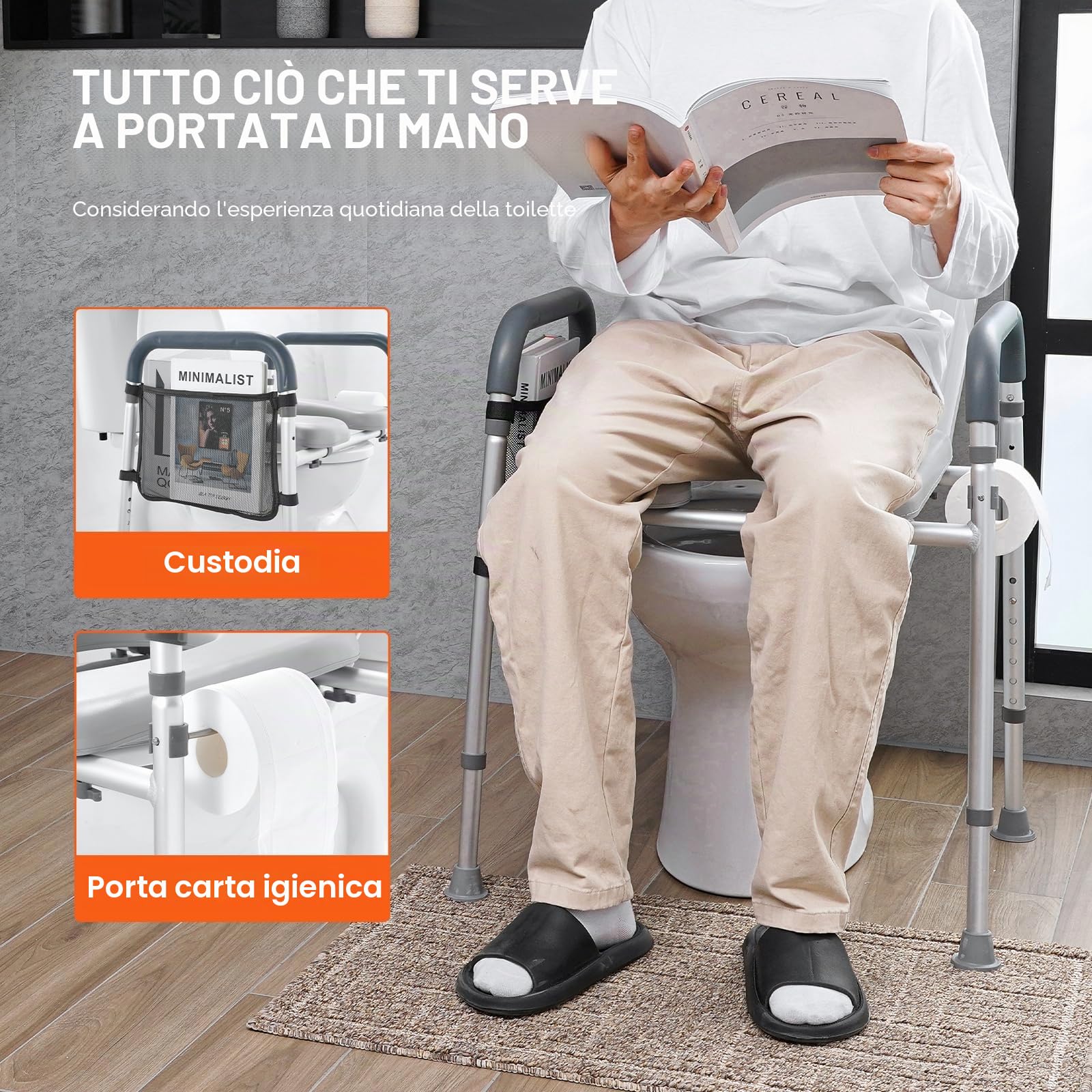 VEVOR Sedile WC Rialzato, Altezza Regolabile tra 49,9 a 64,9 cm, Portata max. 158 kg, Telaio in Alluminio Imbottito, Sedile WC Rialzato Universale, per Anziani, Disabili, Incinte, Ausilio da Bagno