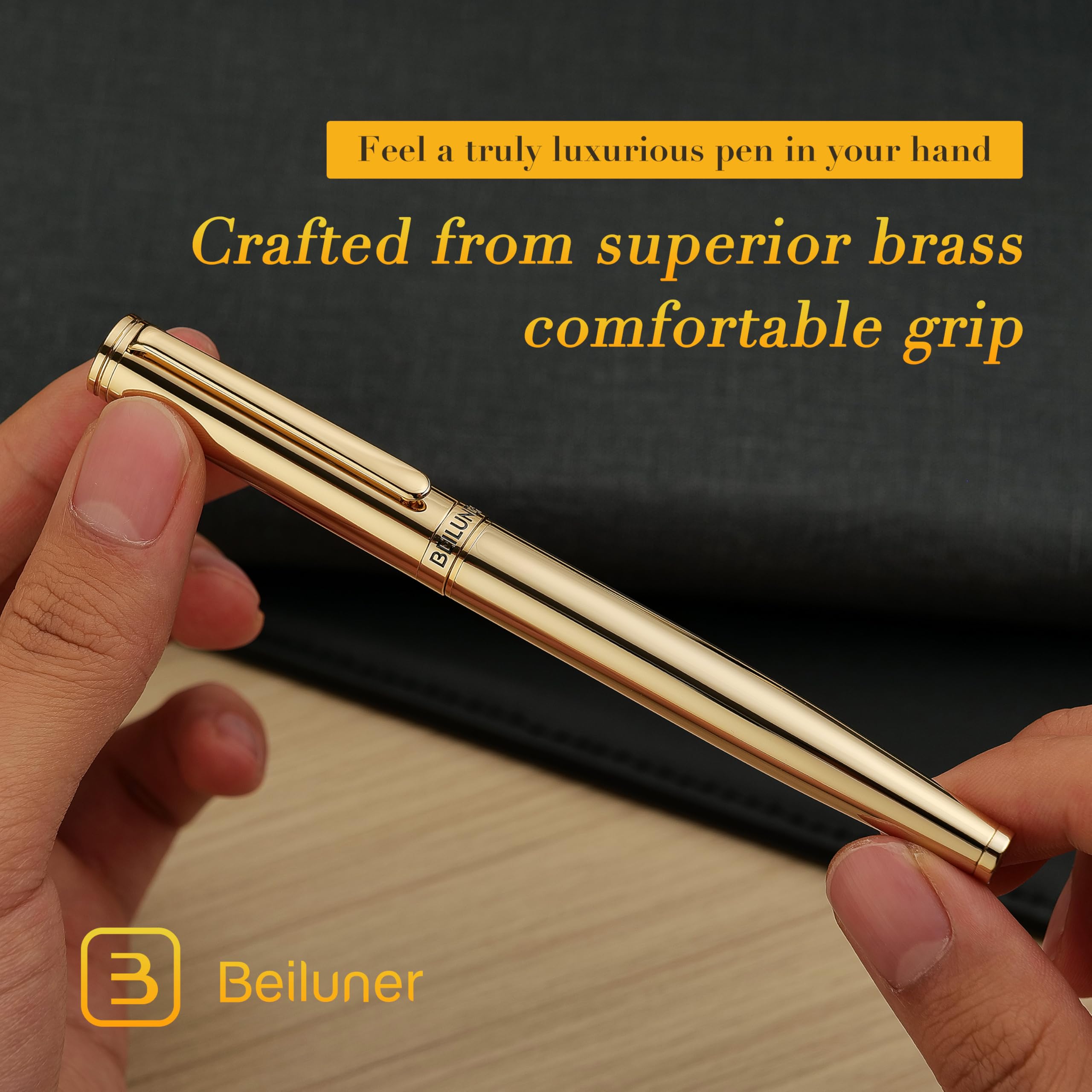 BEILUNER Estilográfica de Lujo, Acabado y Plumín Oro 24K, Regalo Confiable con Convertidor para Él y Ella, Pluma Elegante Oficina - Oro, Plumín Fino