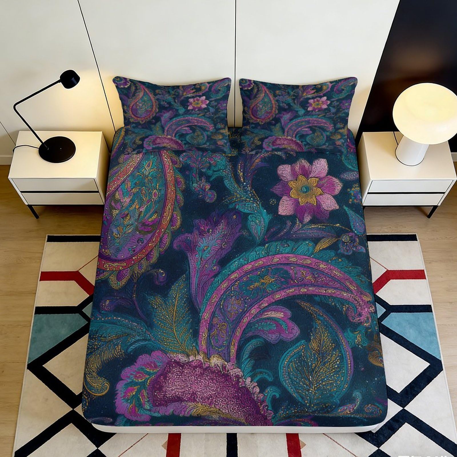 3D Printed Paisley Floral Fitted Sheet Microfiber Soft Decorative Boho Mandala Mattress Cover for Bedroom Guest Room Dorm, Easy Care, Anti-Slip, 120x200cm 180x200x25cm