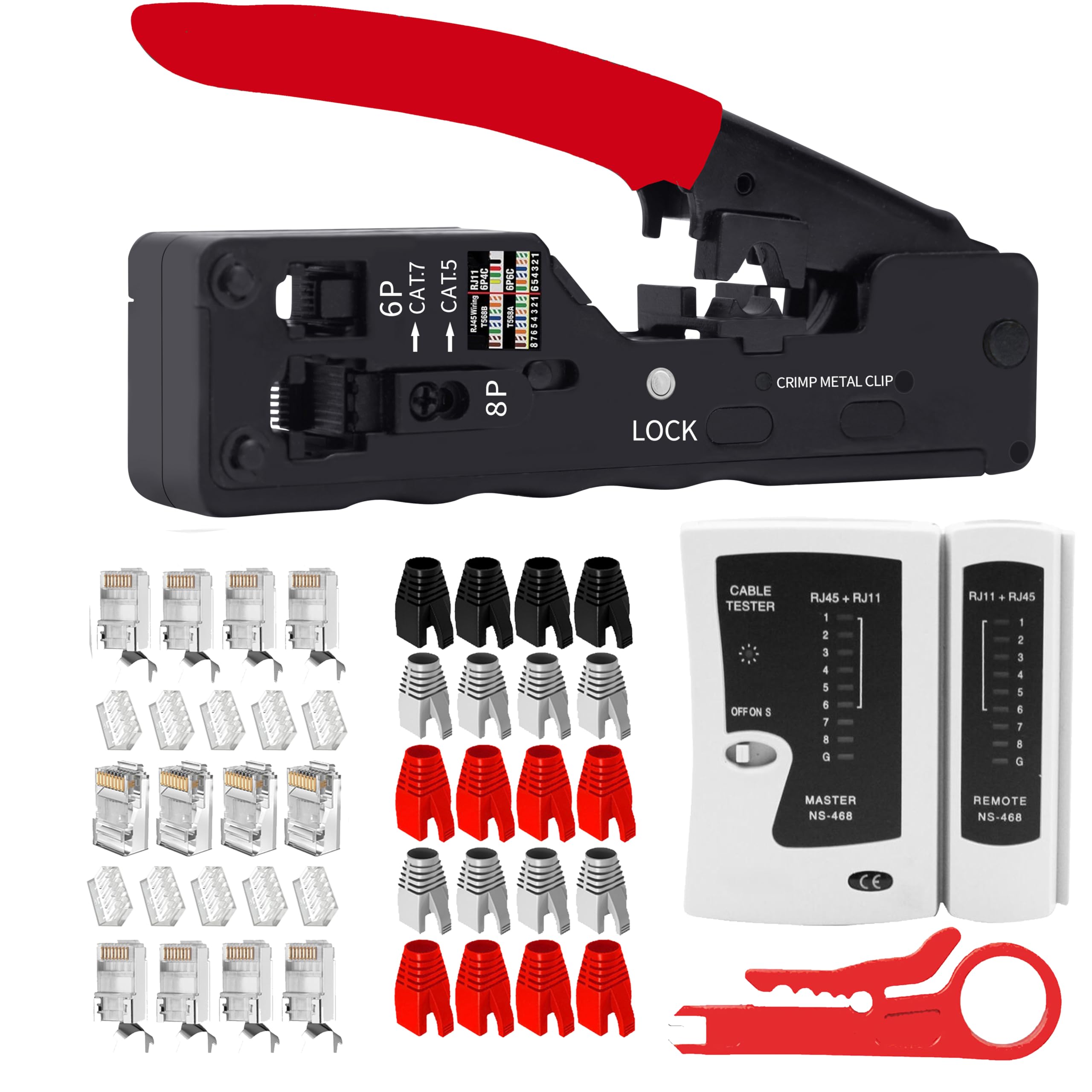LEATBUY Network Tool Kit Set, Cable Tester Repair Tools Wire Stripping Cutter, Coax RJ45 CAT5 CAT6 Crimper Plug Crimping, Punch Down Wire Data Detector Stripper (RED)-picture-15
