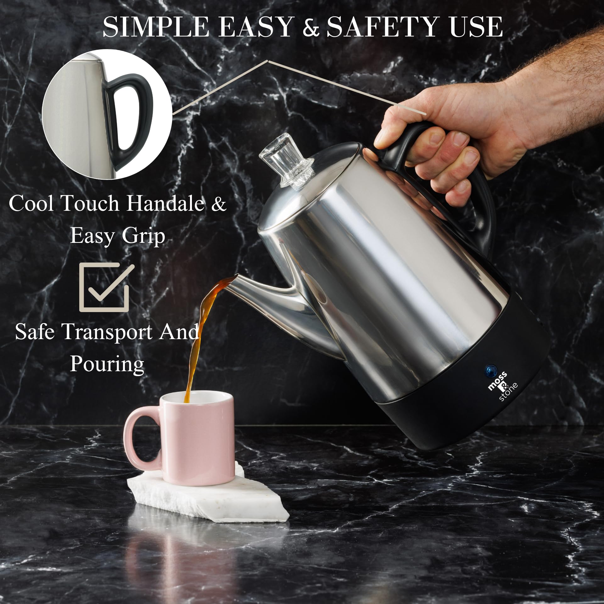 Moss & Stone Percolateur électrique 10 tasses, cafetière électrique en acier inoxydable, percolateur à café électrique avec fonction maintien au chaud, percolateur à 10 tasses en acier inoxydable avec