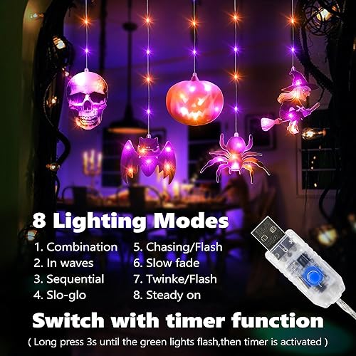 Miniatura 2 de Lomotech Luces de ventana de Halloween, 8.9 pies, 108 luces LED de Halloween moradas y naranjas con control remoto, luces de cortina con 10 adornos
