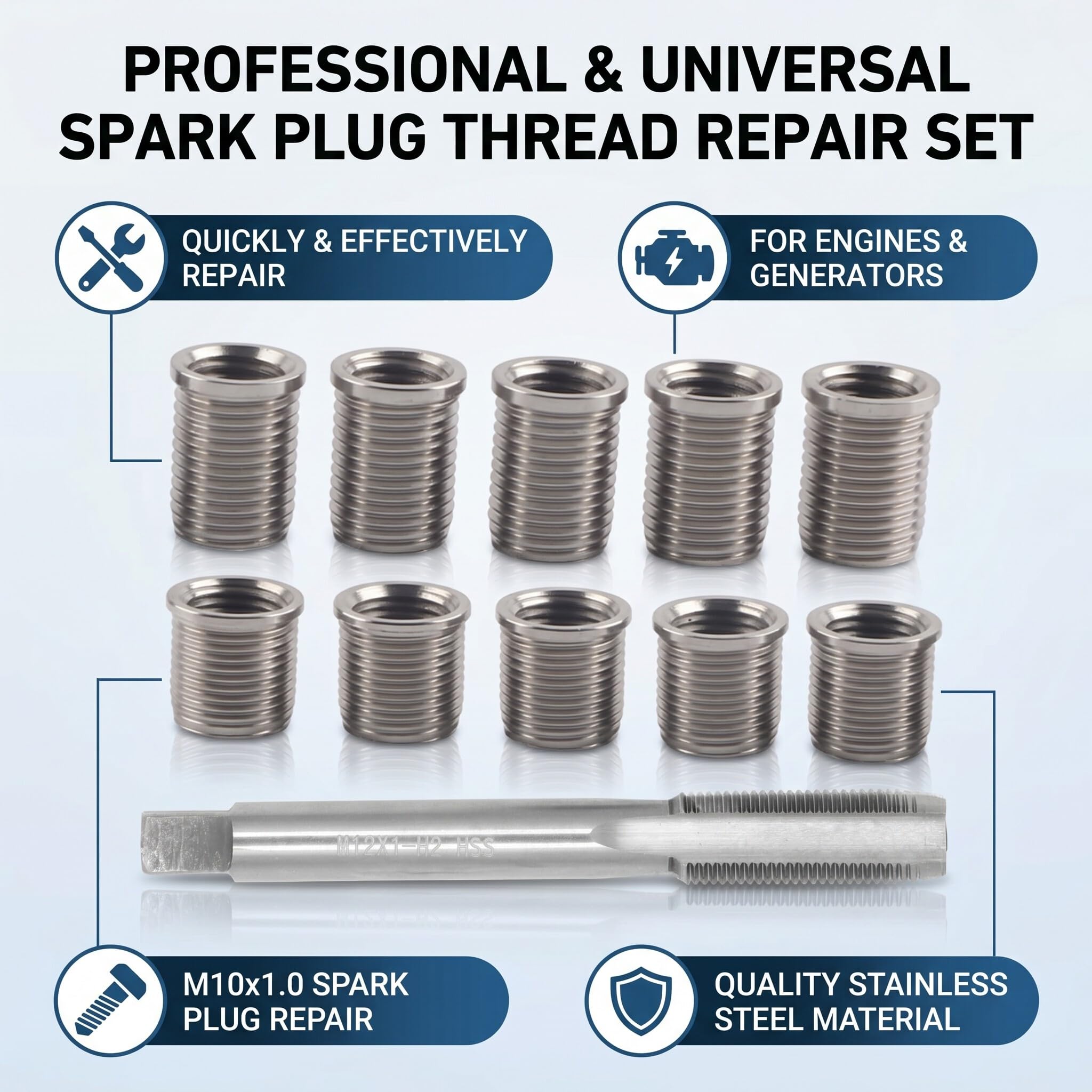 Kit de Réparation de Filetage de Bougie D'allumage, 10 Inserts Filetés M10x1.0 et 1 Taraud fileté M12x1.0, Outils de Taraudage de Bougie D'allumage pour la Réparation des Bougies