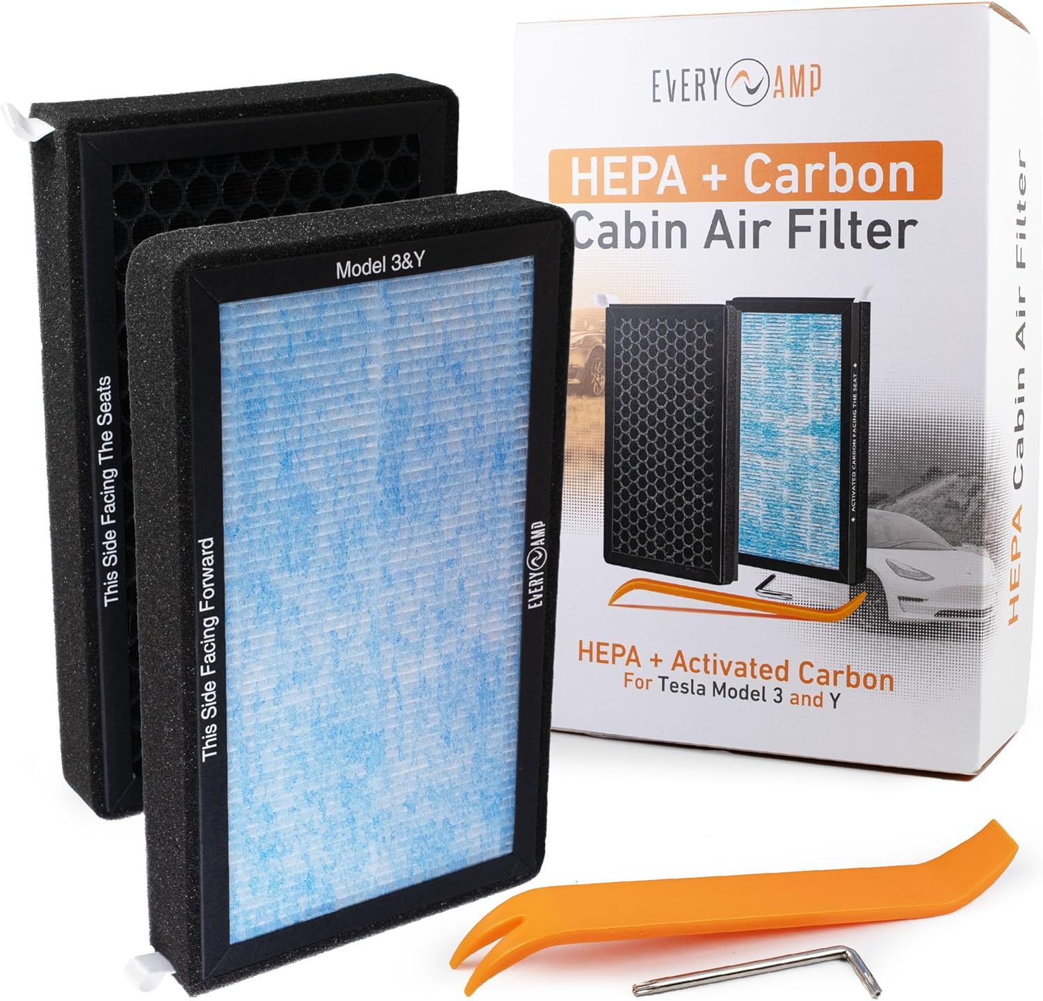 HEPA Cabin Air Filters for Tesla Model 3 & Model Y Air Filters with Activated Carbon, 3 Stage Filtration, and Foam Seal Gasket (2 Pack) - Fits All Model Years and Trims 2016-2026 - EveryAmp
