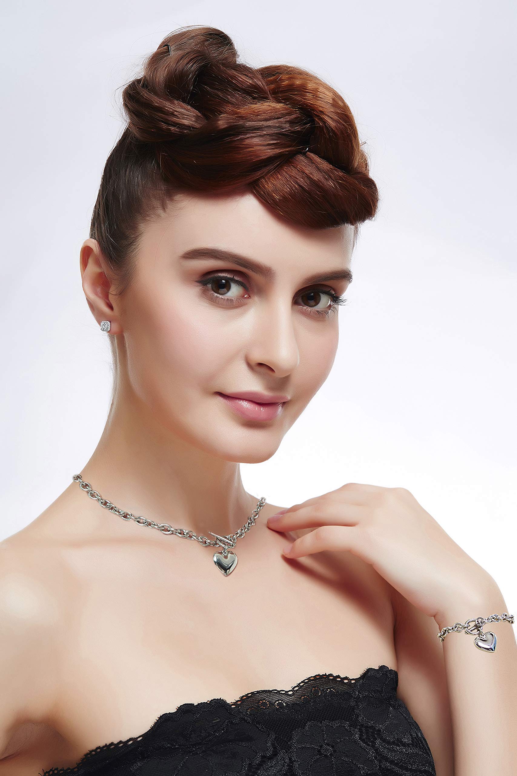 Collar de cadena de corazón + pulsera de corazón para mujeres y niñas, dije de corazones, conjunto de joyas de acero inoxidable de 18 quilates, oro rosa y plata, Acero inoxidable, Nada 2