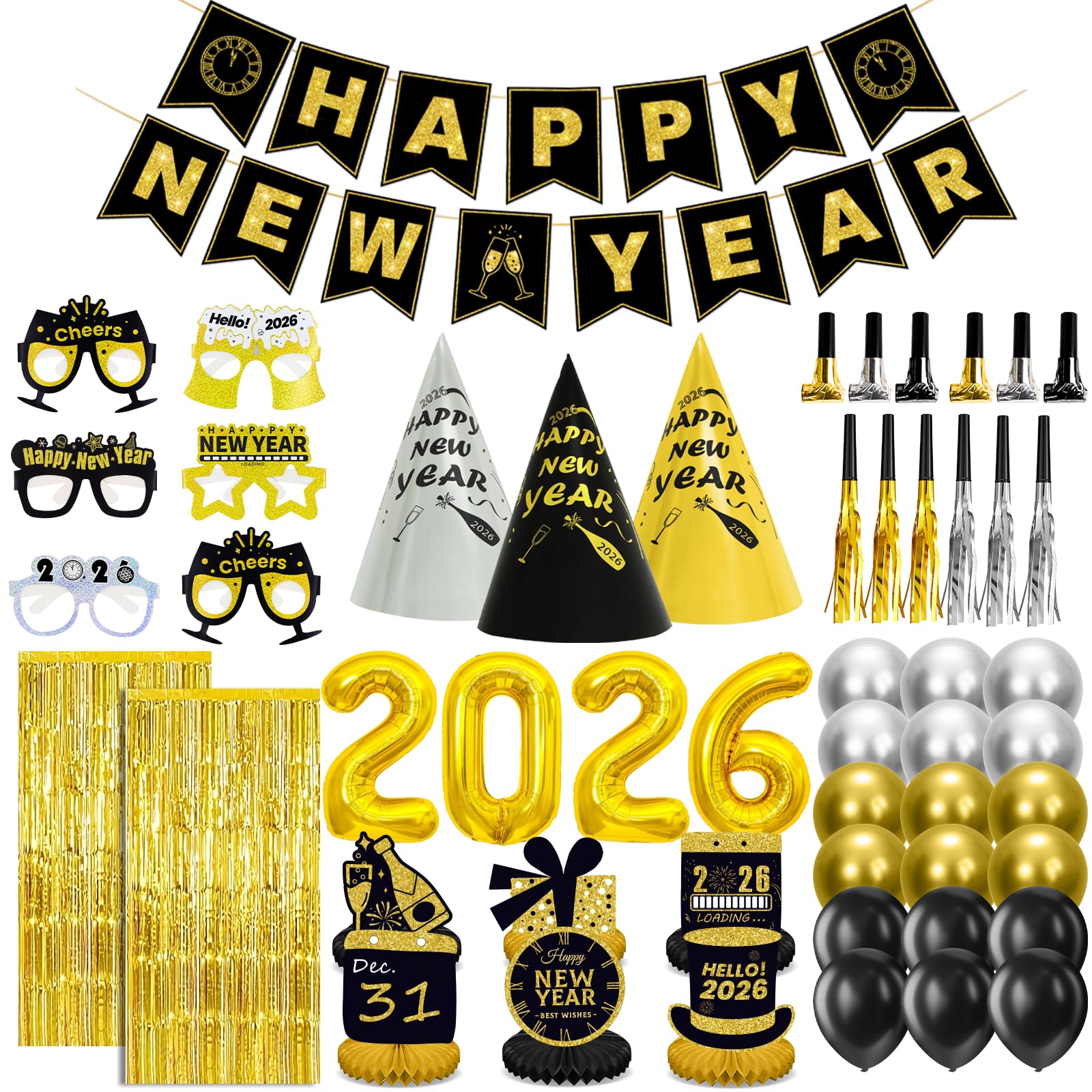 New Years Eve Party Supplies 2026 for 12, New Years Eve Party Decorations, 6 Hat, 6 Glasses, 12 blowouts, 6 Table Centerpiece, 2 Foil Fringe Curtains, 18 Balloons, Great NYE Decorations Pack