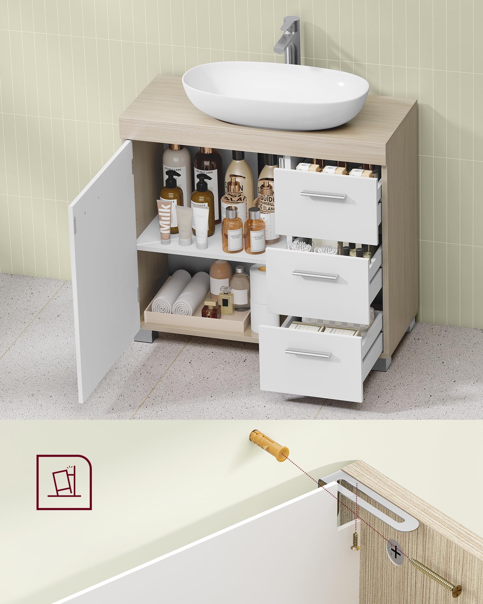 VASAGLE Wastafelonderkast Met 3 Grote Laden - Badkamerkast 30 X 60 X 64 Cm, Wolkenwit-Cementgrijs Met Poten En Opbergruimte BBK513GU01
