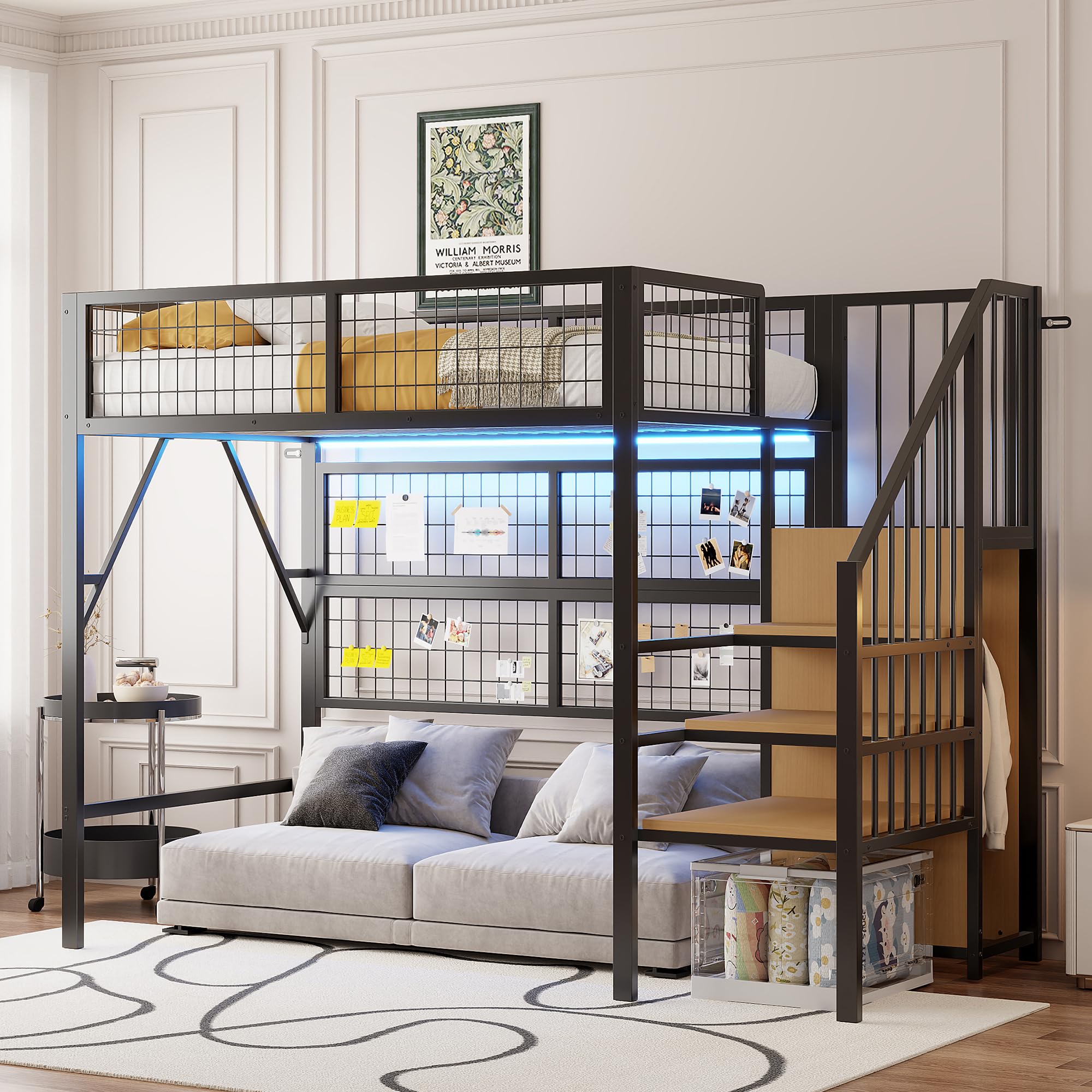 Cama de hierro, litera, 90 x 200 cm, adecuada para niños y jóvenes, con tiras de luz LED controladas por la aplicación, escalera con espacio de almacenamiento, armario abierto, color negro