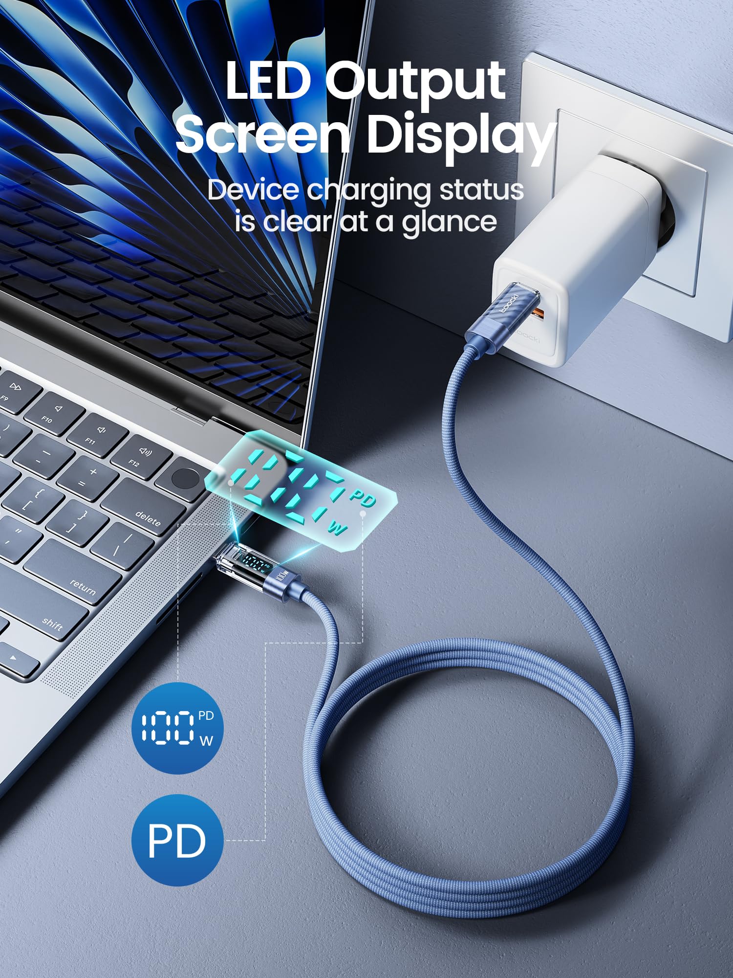 toocki 100W USB C to USB C Cable, 3.3FT 5A Fast Charging USB C Cable with LED Display, Nylon Braided Type C Cable for iPhone 15/Pro/Plus/Pro Max, MacBook, iPad Pro/Air, Samsung S23/S22,Google Pixel Product Image 3