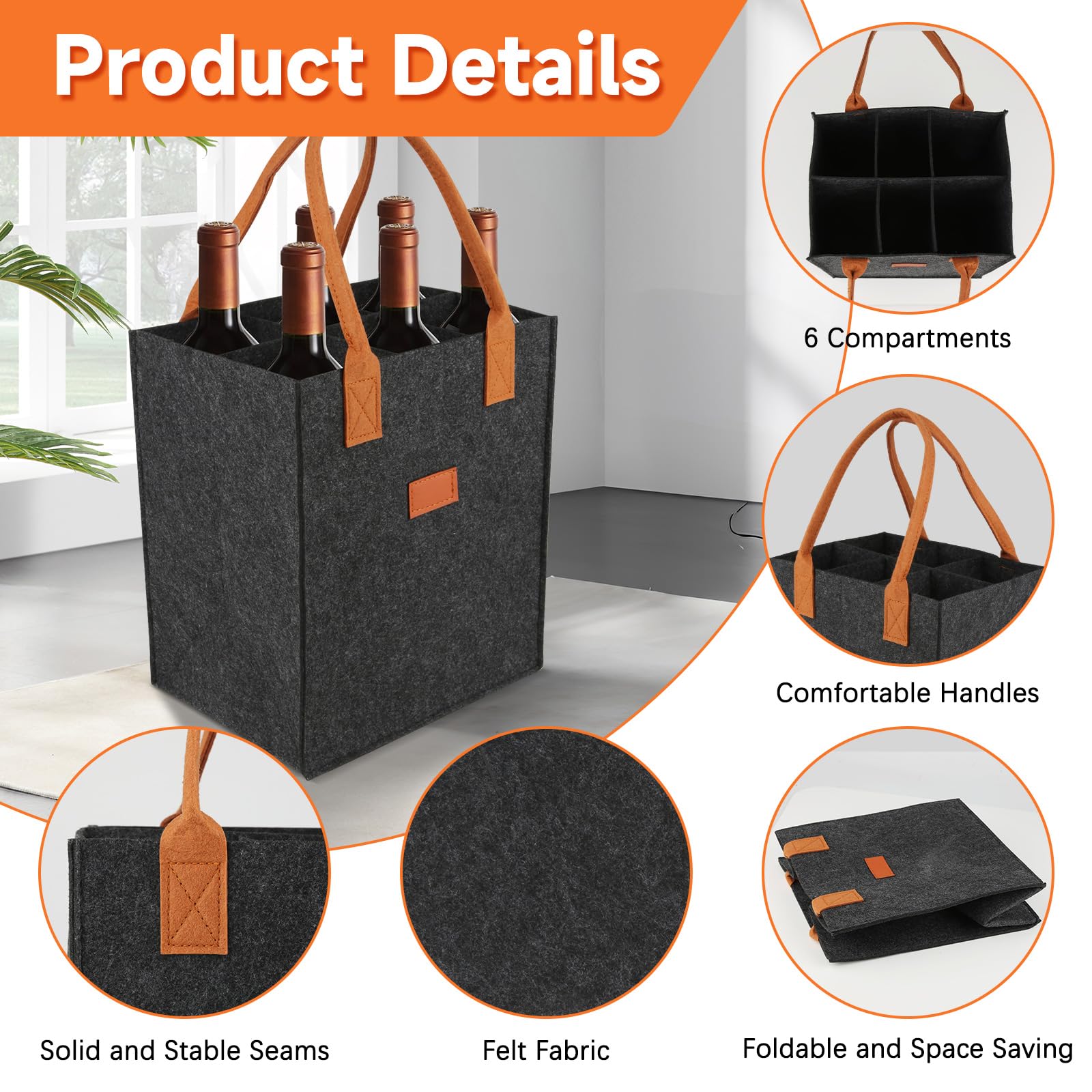 Haocjanc Dark Grey Felt Bottle Carrier, 6 Bottle Basket, Reusable, 23 x 18 x 27 cm - Image 3