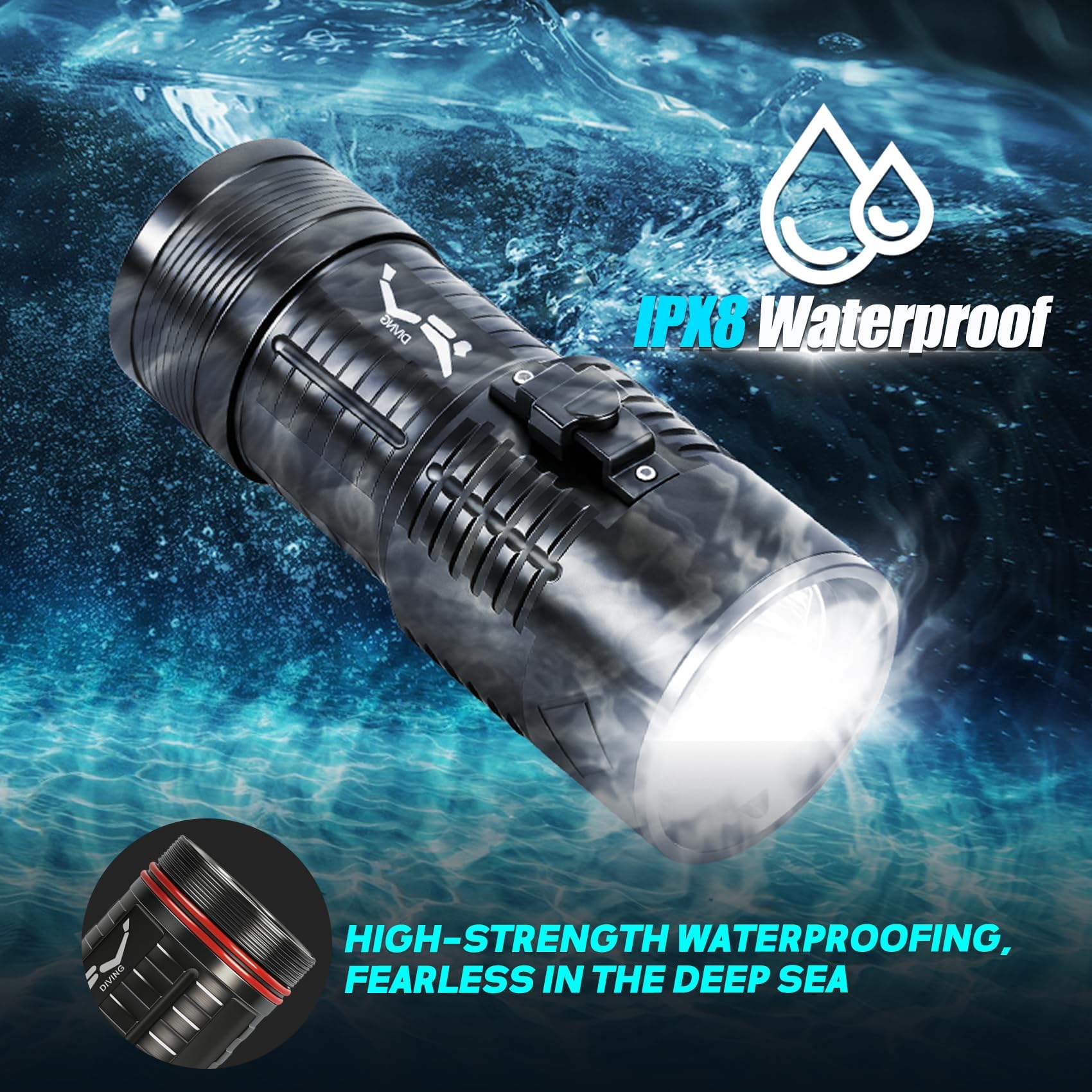 Lampe de plongée sous-marine – Lampe torche rechargeable super lumineuse étanche, 6 modes d'éclairage sous-marin, lampe de poche de sécurité pour plongée sous-marine et plongée avec tuba