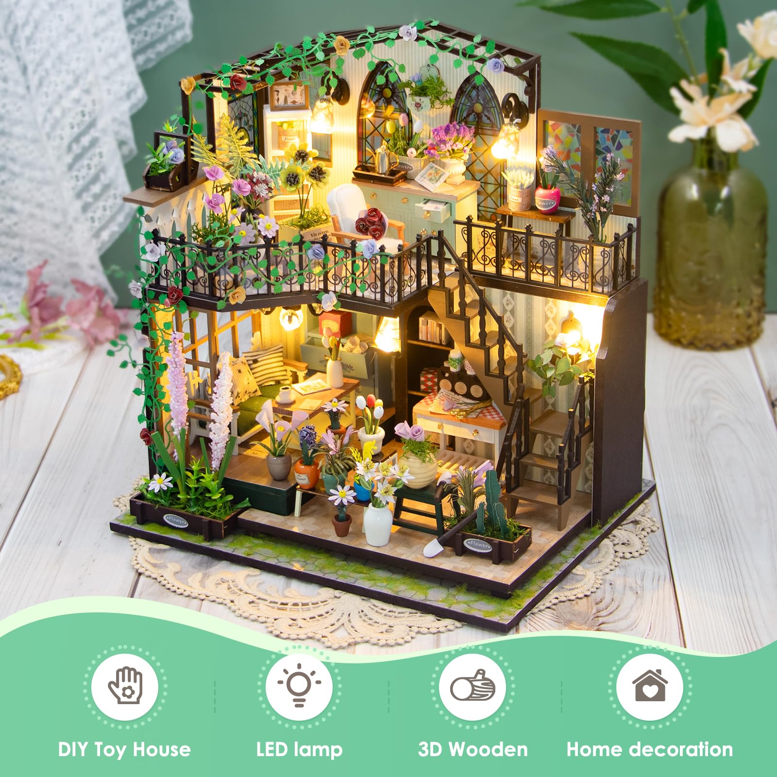 DIY Miniature Dollhouse Kit, 1:24 Scale 3D Garden Villa Doll House Making Kit with LED Light Furniture Decorative Mini Crafts Dollhouse Exquisite Mini House Making Kit for Adults Teen Flower Lovers