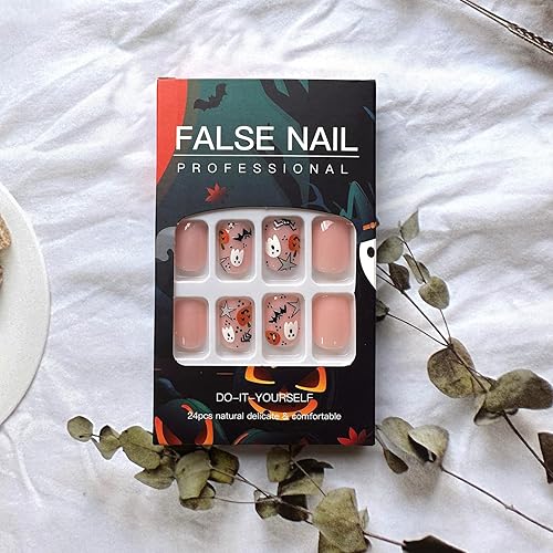 Miniatura 5 de 24 uñas postizas cortas a presión para Halloween, uñas postizas cuadradas de cobertura completa, uñas postizas rosas con lindos diseños de fantasma,