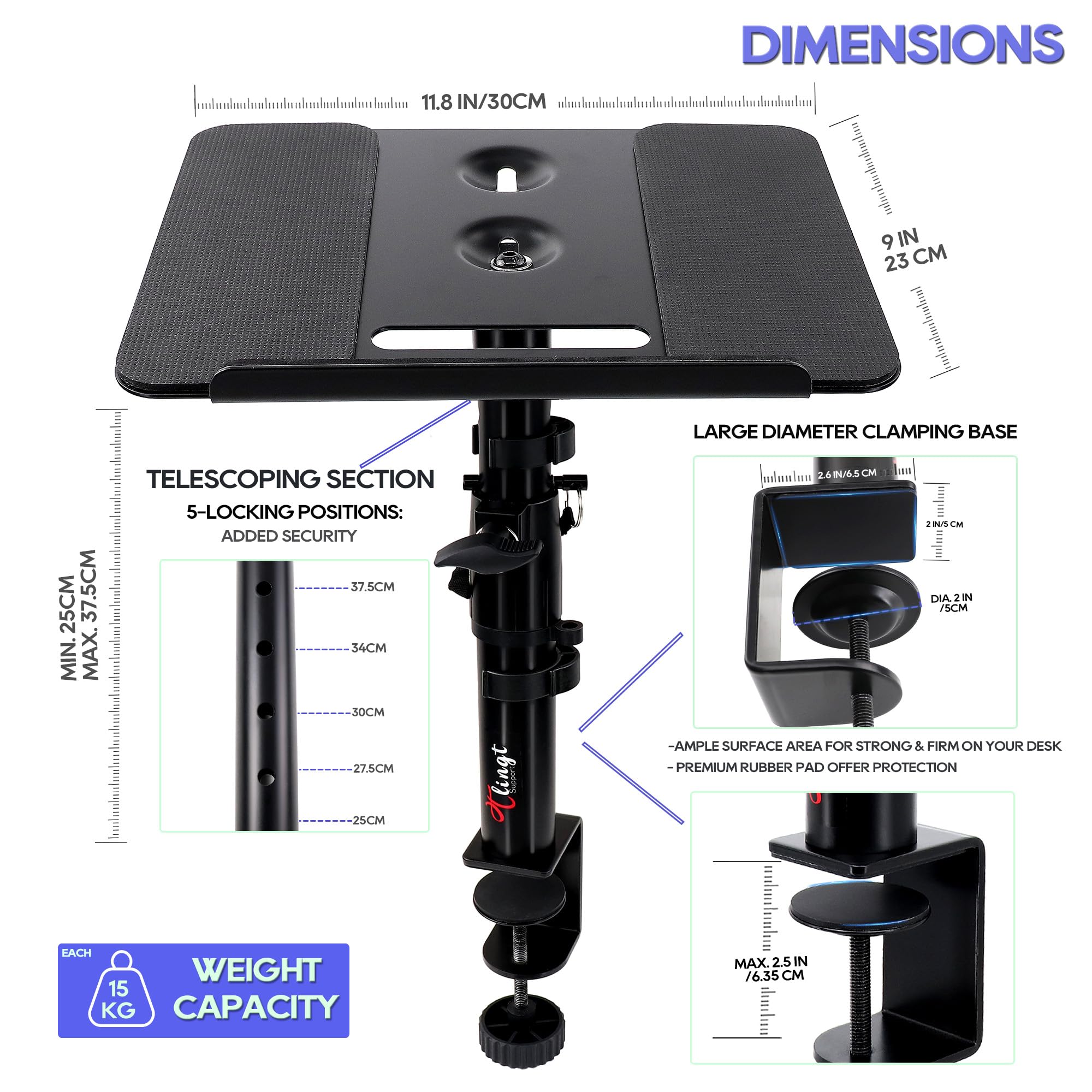 Tlingt Support Deluxe Studio Monitor Stands, Desk Speaker Stand (2-Pack)- Heavy Duty 30x23cm Metal Tray - Image 2