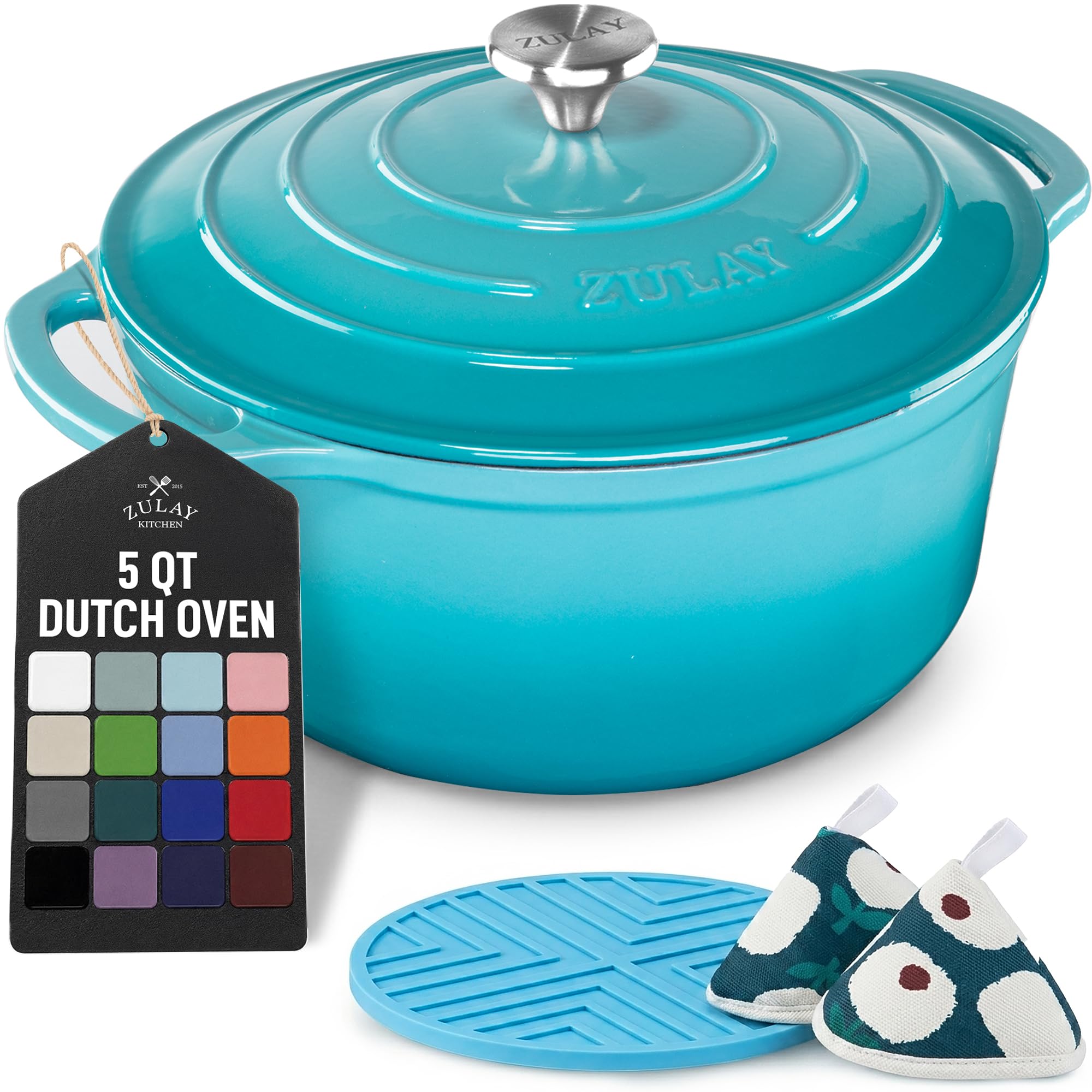Zulay Kitchen 5 Quart Enameled Cast Iron Dutch Oven Pot with Lid – Premium Durability &amp; Oven Safe up to 500°F – Heavy Duty Cookware Perfect for Bread Baking, Stews, Braising &amp; Roasting – Light Blue
