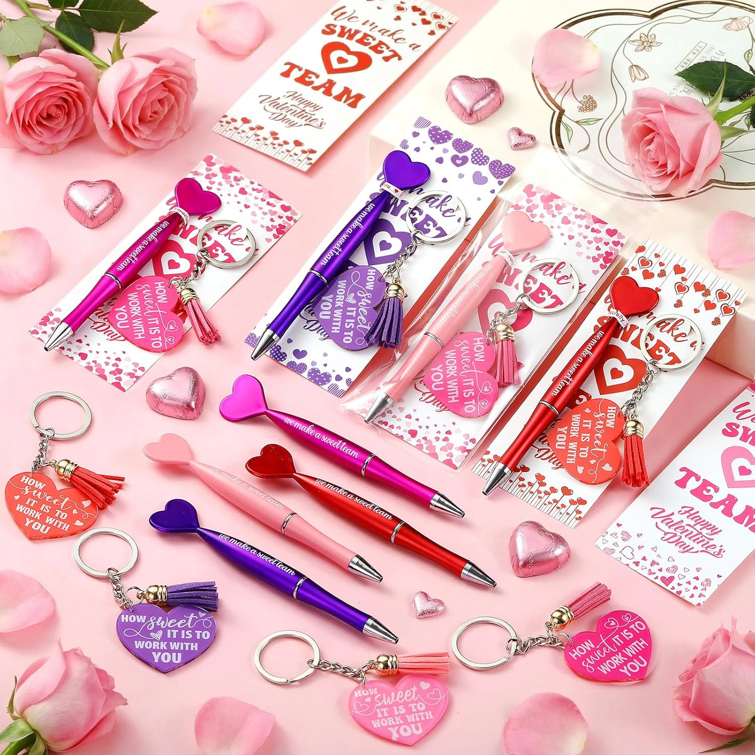 Gilprop 24 Sets Valentine Gifts for Coworkers Employees Appreciation Galentine's Day Gifts Bulk for Team Staff Include Ballpoint Pens Heart Keychain and Thank You Inspirational Greeting Card with Tie