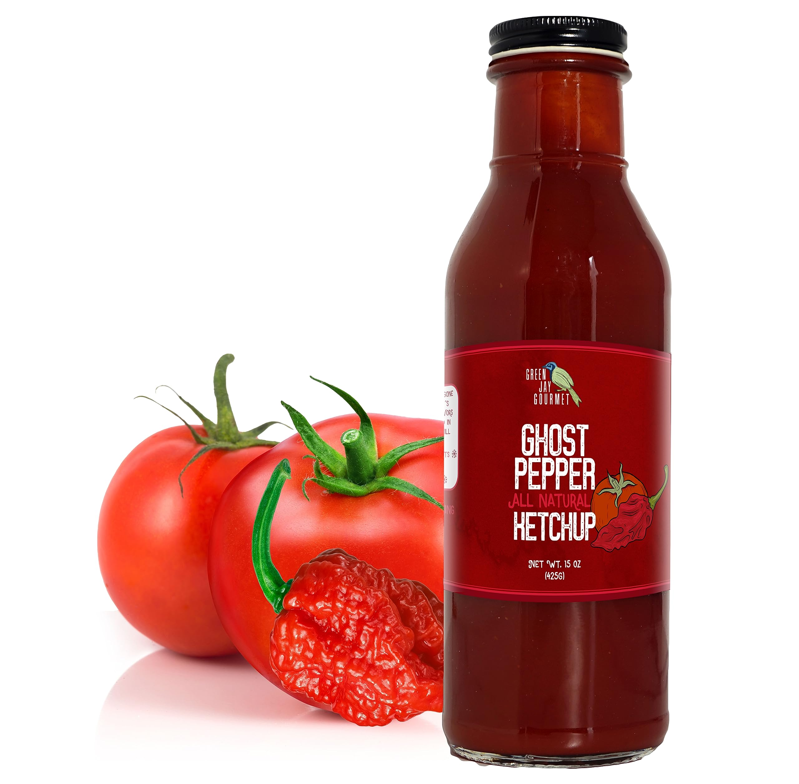 Ghost Pepper Spicy Ketchup - All-Natural Tomato Ketchup w/Tomato Paste, Real Ghost Peppers & Gourmet Spices - No Preservatives, Additives or Corn Syrup - Made in USA - 15 Ounces