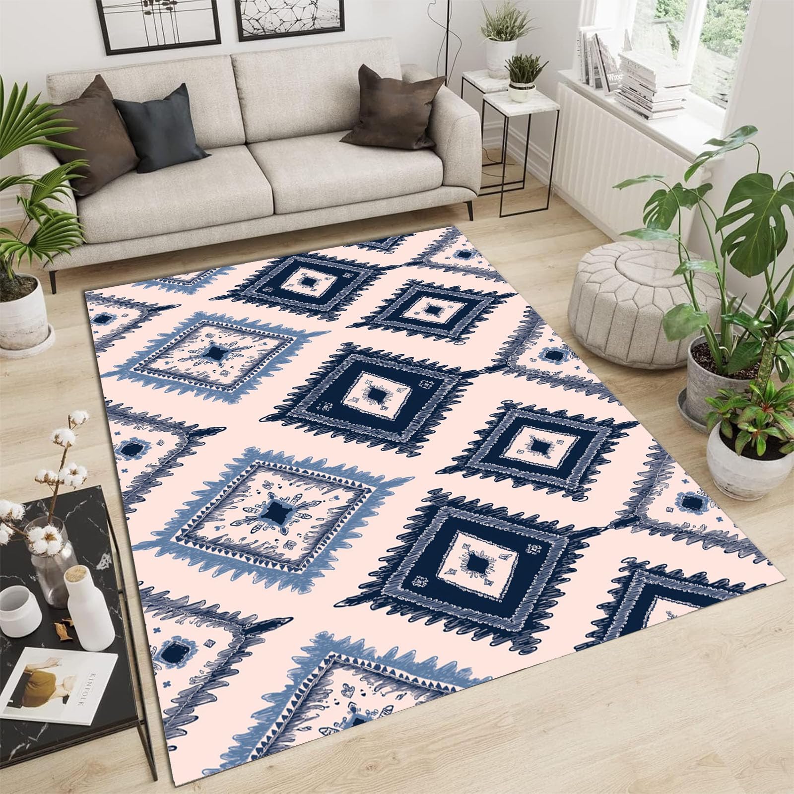 Tapis de sol salon bohème indigo 160x230 lavable | Grand tapis chambre géométrique doux