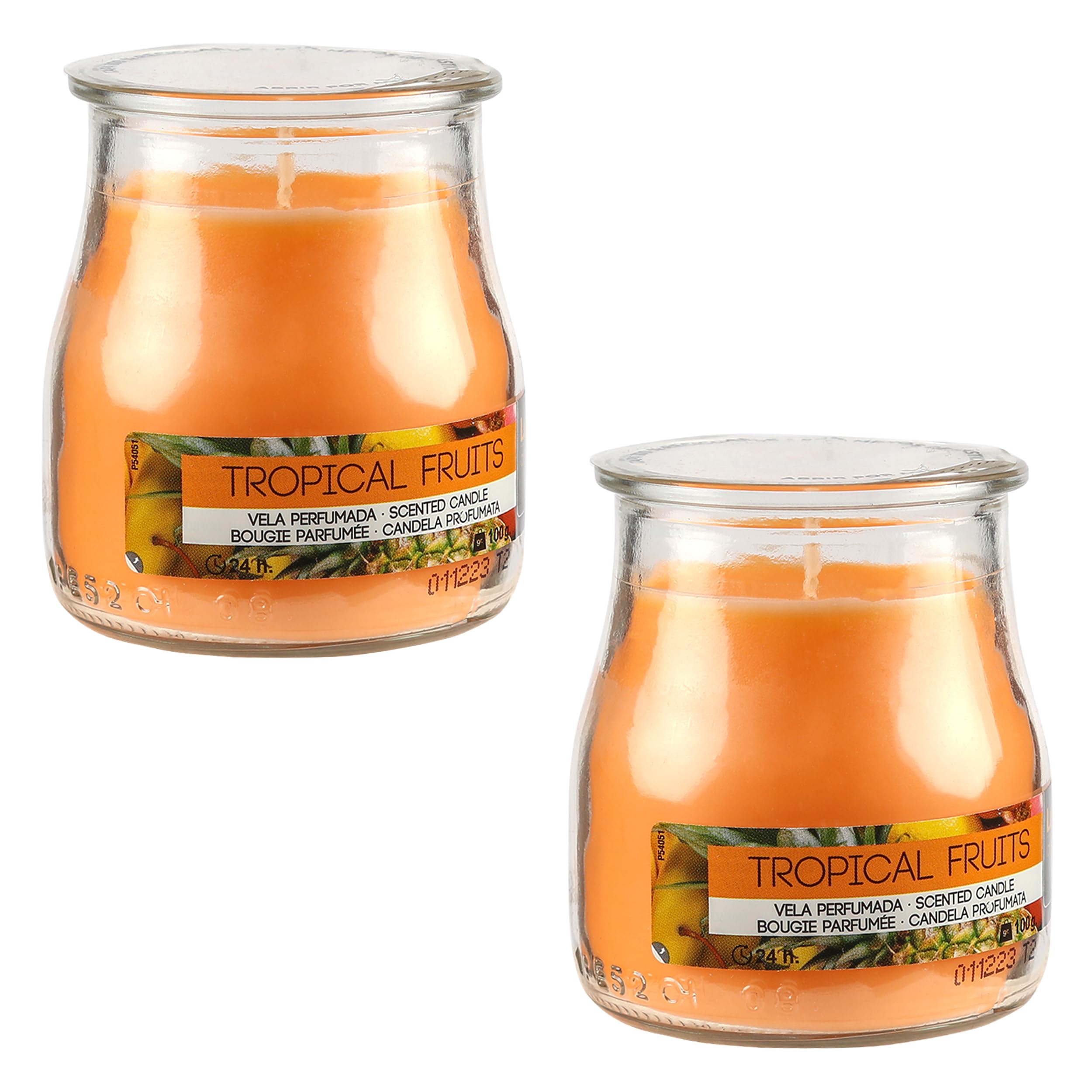 Pack de 2 Velas Aromáticas en Vaso de Yogurt de Cristal Reciclable - 24h de Duración，Cera Vegetal Perfumada, Fabricadas en España, 7x6cm (Tropical Fruit)