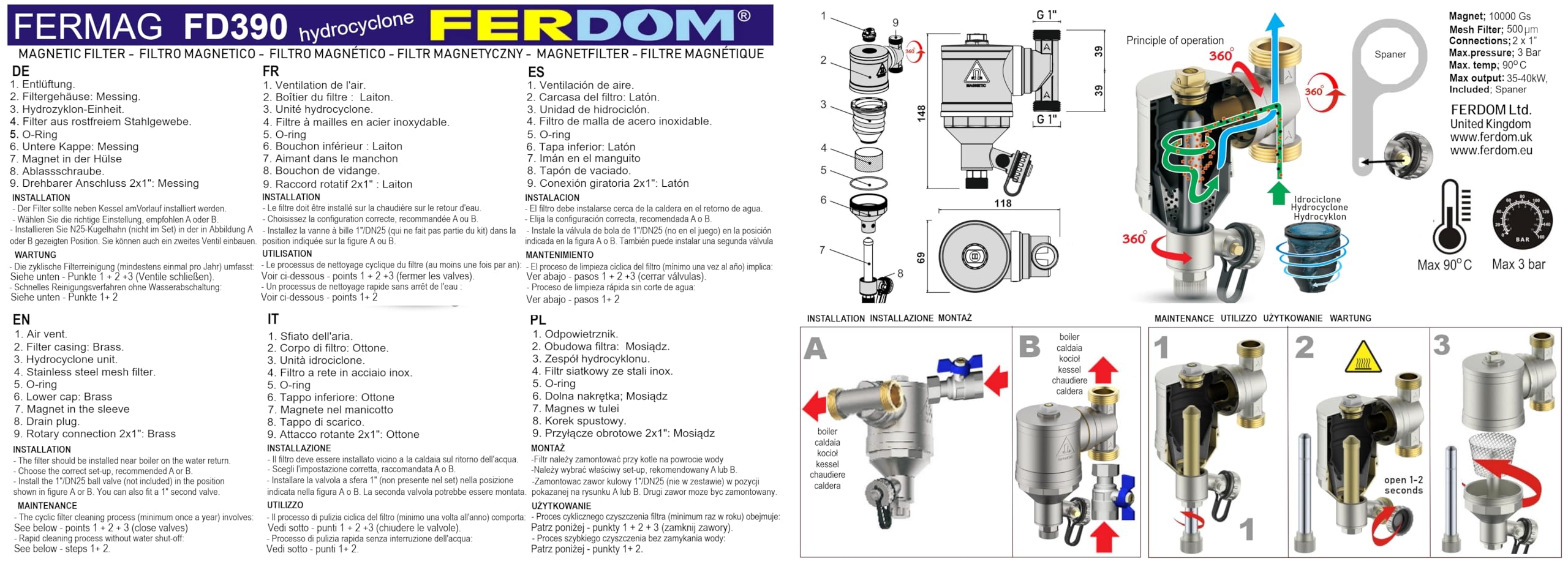 FERDOM FD390 STRONG 1" (DN25) Filtro Magnetico/Idrociclone Per Sistemi Di Riscaldamento. Magnete 10000gs. Con Separatore Di Particelle Non Magnetiche Inox 1000µm. Max.40kW. Rac.360 Gradi. 100% Ottone