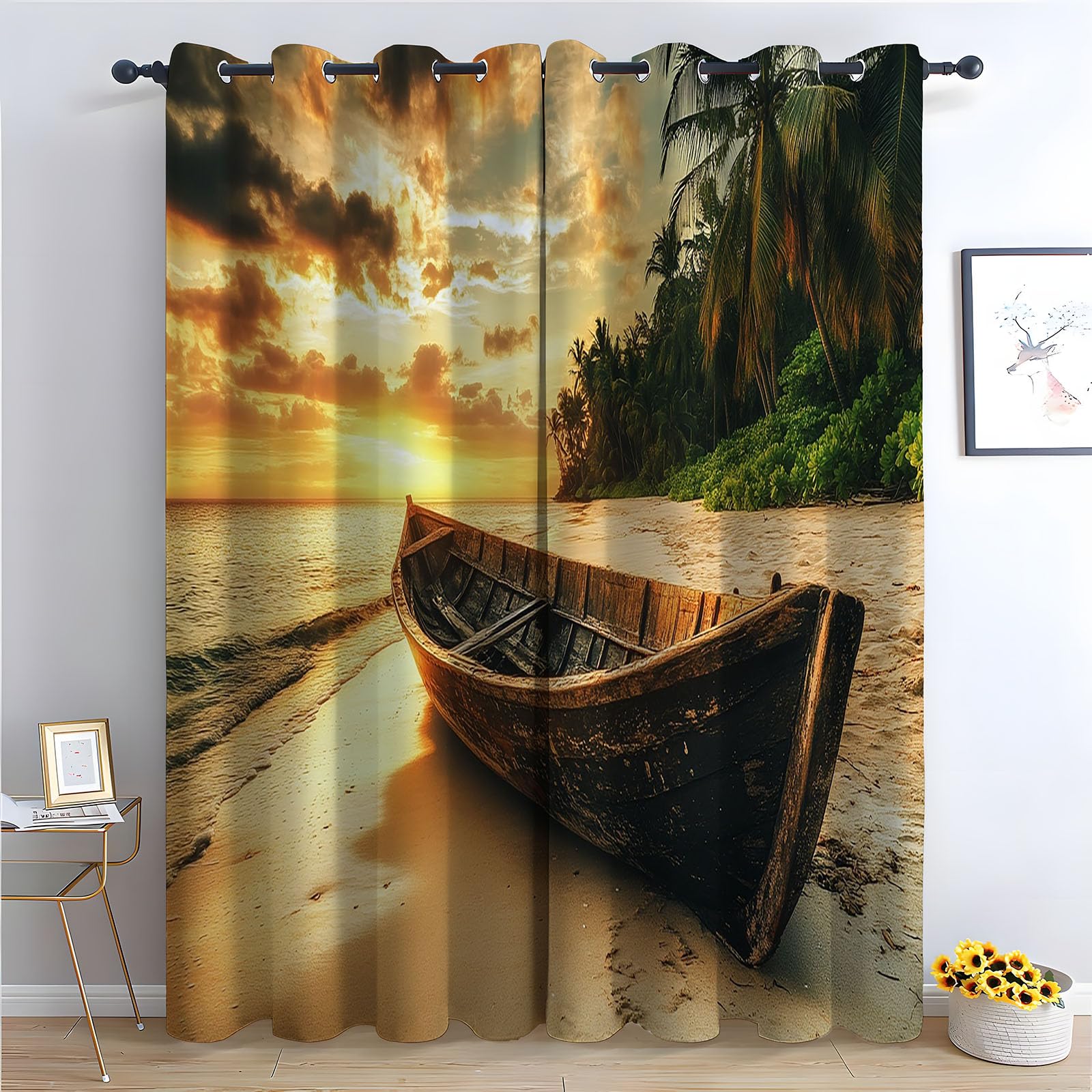WIKEO Floral Curtains Sunset Beach Scenery - Botanical Pencil Pleated Drapes - for Bedroom Drop Eyelet Curtain, Thermal Insulated Blackout 2 Panels-52 W x 96" L (Pack of 2)