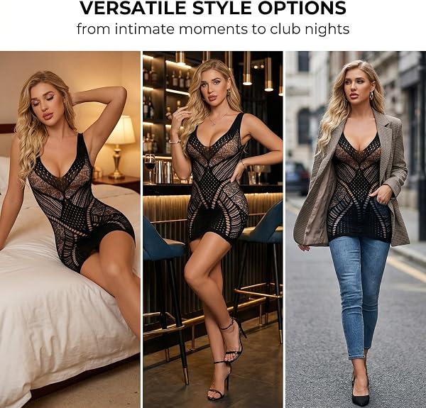 Women's Erotic Clothing, Bodycon Dress with V Neck and Transparent Mesh Inserts - 4