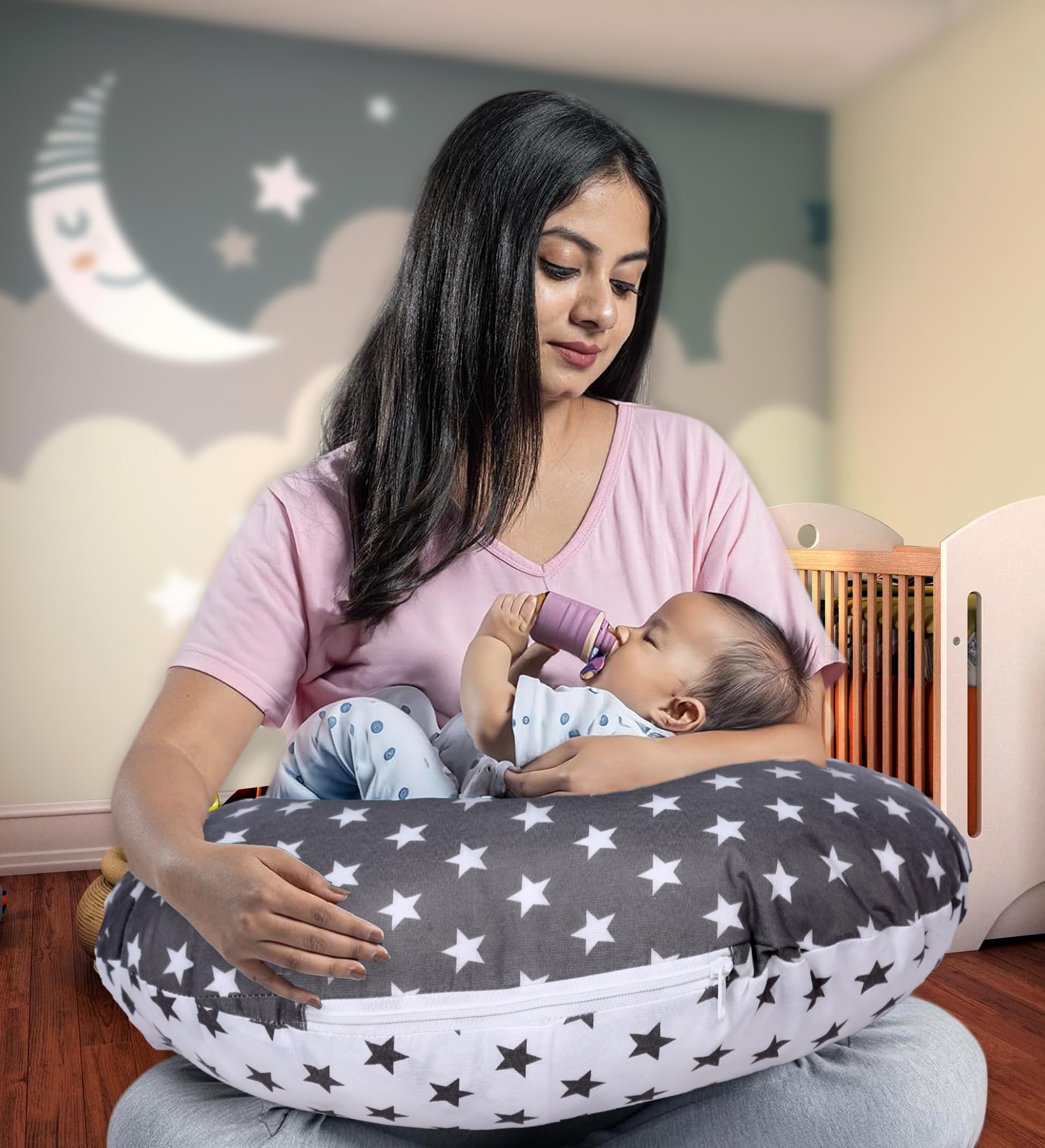 Infans Mini Baby Feeding Pillow Cotton|Maternity Feeding Pillow Portable & Adjustable|Nursing Pillow for Mother and New Born Baby (Star Grey)