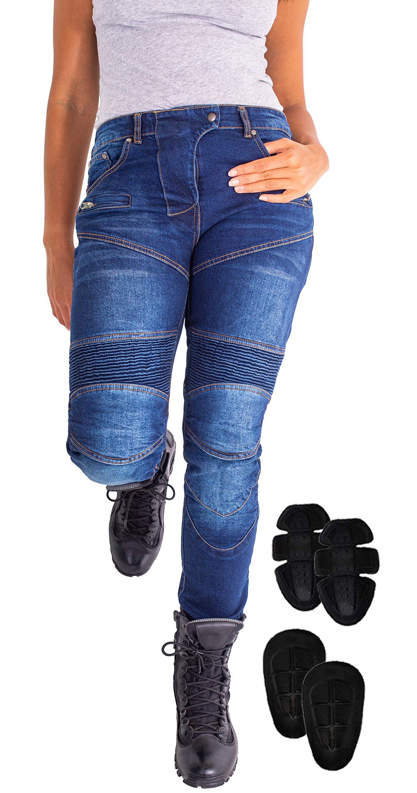 Fashio Womens Motorcycle Riding Armor Jeans Biker Motocross Motorbike Racing Hip Leg Protection Pants Blue W32-L29