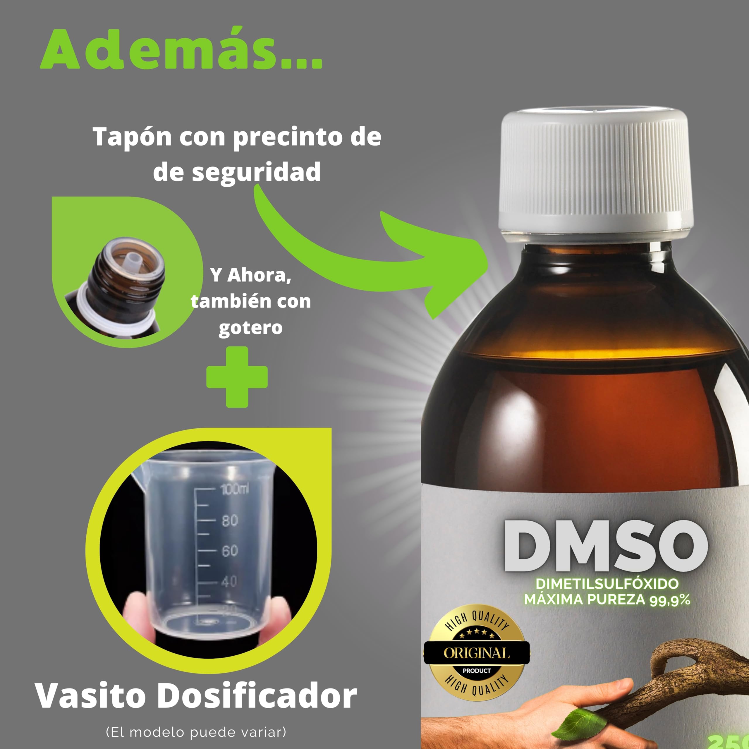 2 X DMSO 250 ml. 99,9% Pureza Con Gotero | Dimetilsulfóxido Calidad Ph Eur | Regalo Frasco125ml + Difusor + Vasito Dosificador | Frascos Ámbar de Laboratorio | Precinto de Seguridad