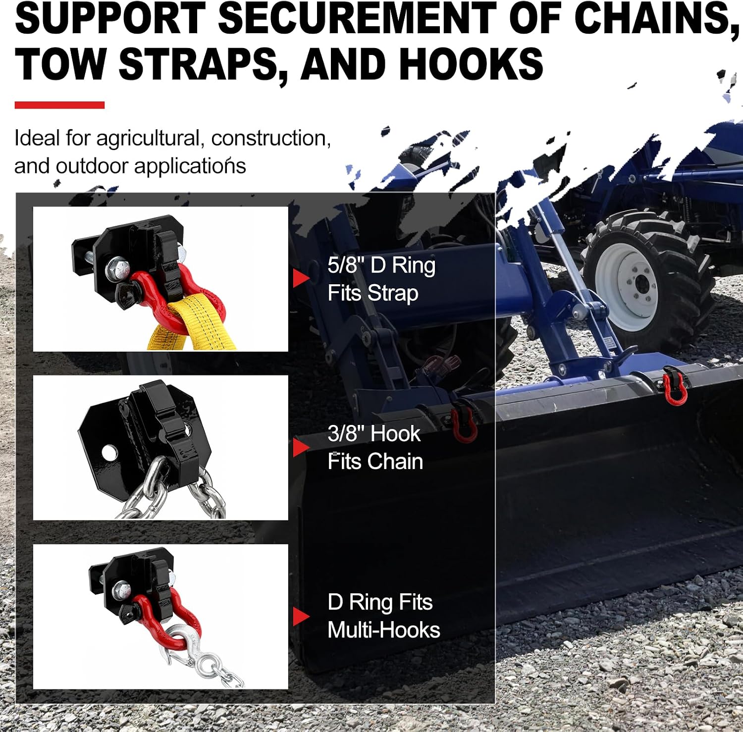 3/8" Tractor Bucket Grab Hook with 5/8" Tie Down D-Ring Shackle,2-Pack,Bolt-On Tow Hook Mount with Backer Plate,Heavy Duty Carbon Steel,10,000 lbs,Compatible with Tractors, Loaders,Trailers,RVs