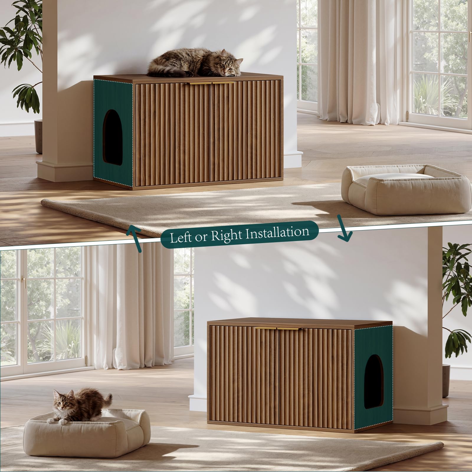 Evermagin 31.5" Walnut Cat Litter Box Enclosure Furniture, Large Hidden Litter Box Cabinet, Mid Century Modern Indoor Cat House Kitty End Table for Living Room, Entryway, Bedroom - image 5