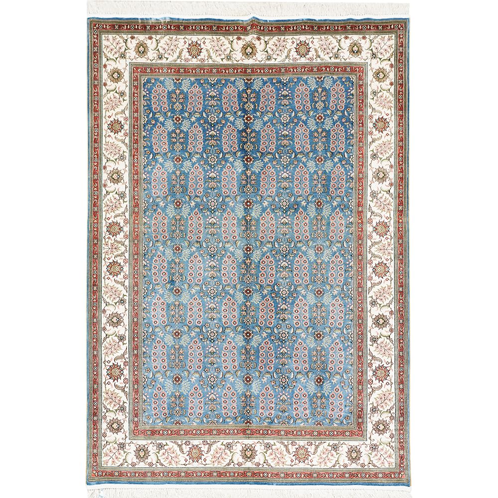 Silk Carpet 4x6 Blue Hand Woven Traditional Vintage Luxury Oriental Silk Area Rug for Bedroom