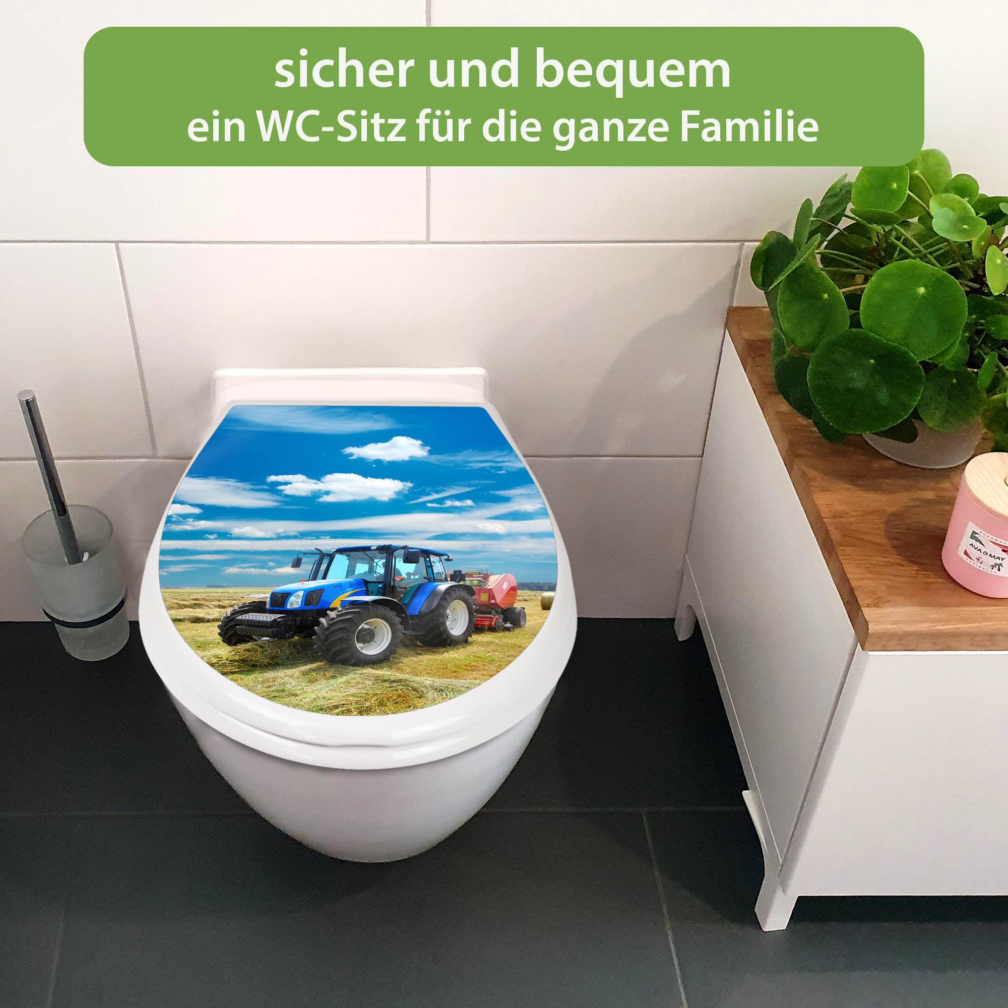 banjado Familien WC Sitz mit Absenkautomatik 44,9x37,1cm - Klobrille mit Kindersitz aus hochwertigem Polypropylen - Toilettendeckel mit Kinder Toilettensitz integriert - Motiv Traktor