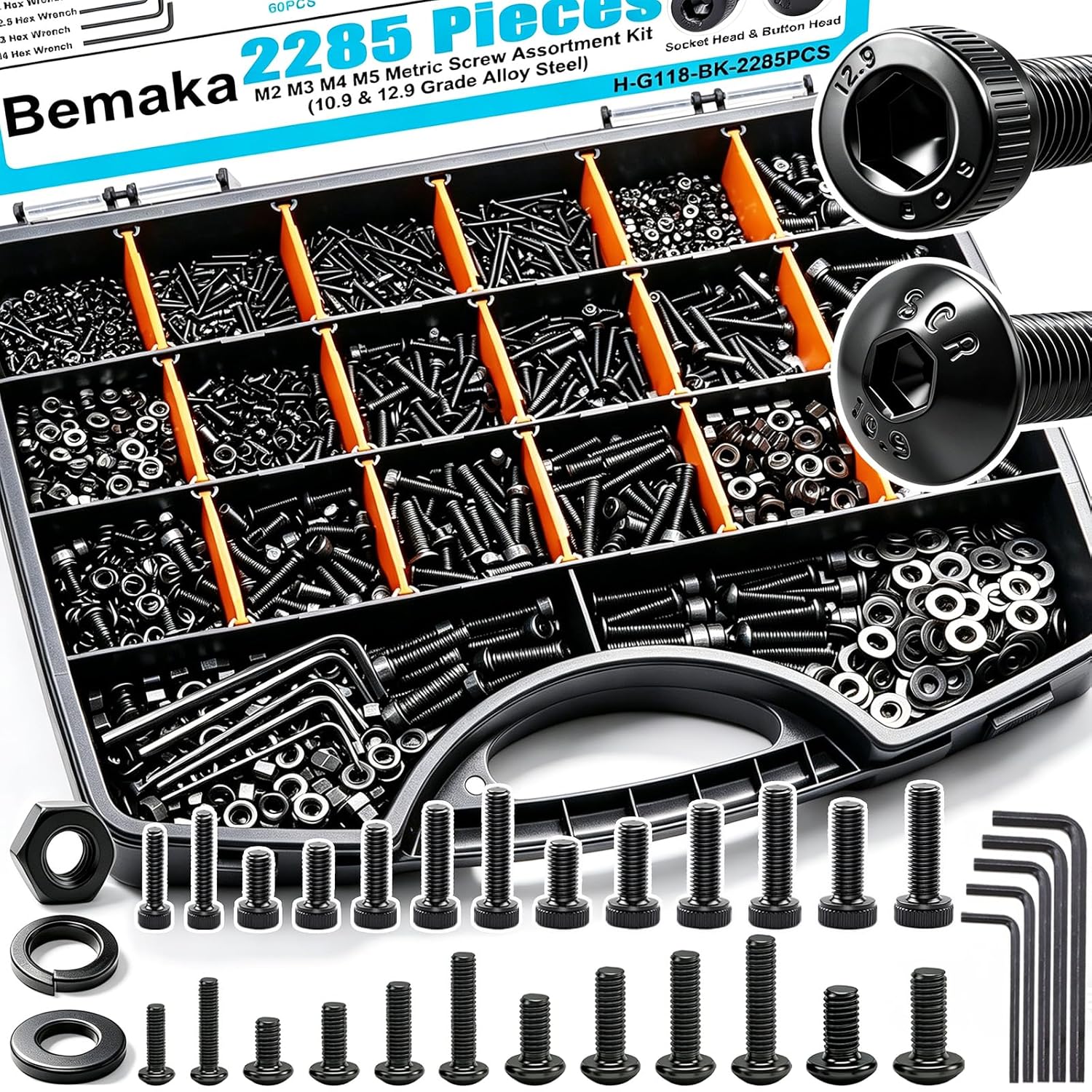 2285PCS M2 M3 M4 M5 Metric Screw Assortment Kit, Socket Head & Button Head Metric Screws and Nuts Set, 10.9 & 12.9 Grade Alloy Steel Machine Screws for 3D Printing