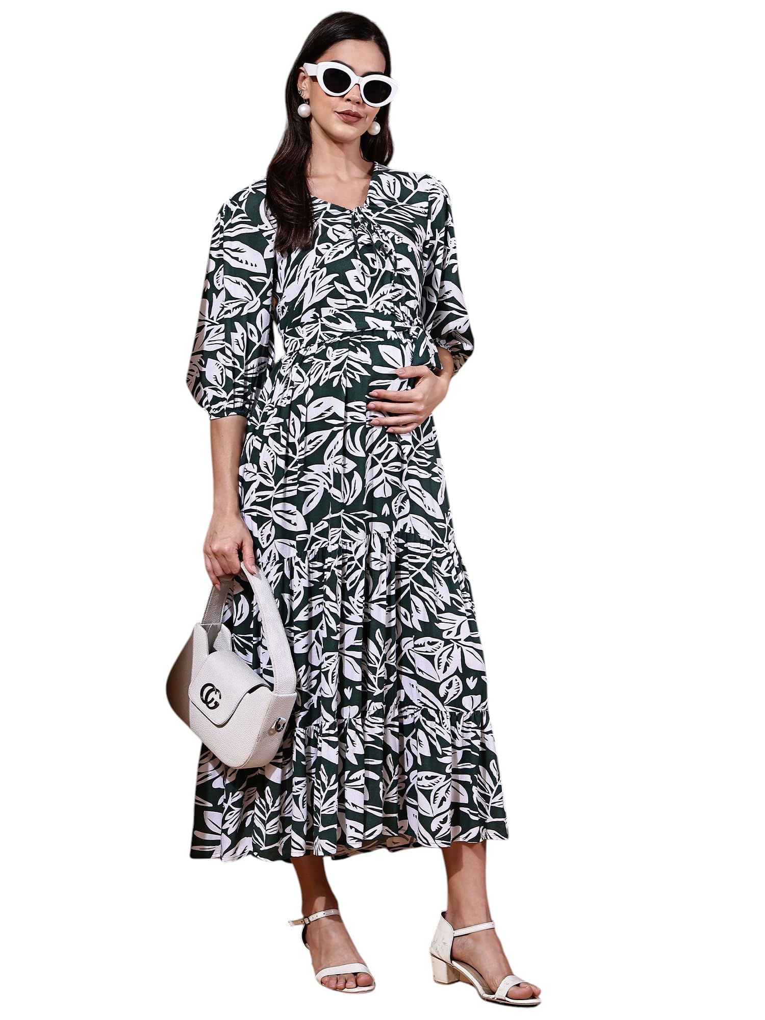 Women's Floral Print Rayon Green Color Maternity Maxi Dress-image-47