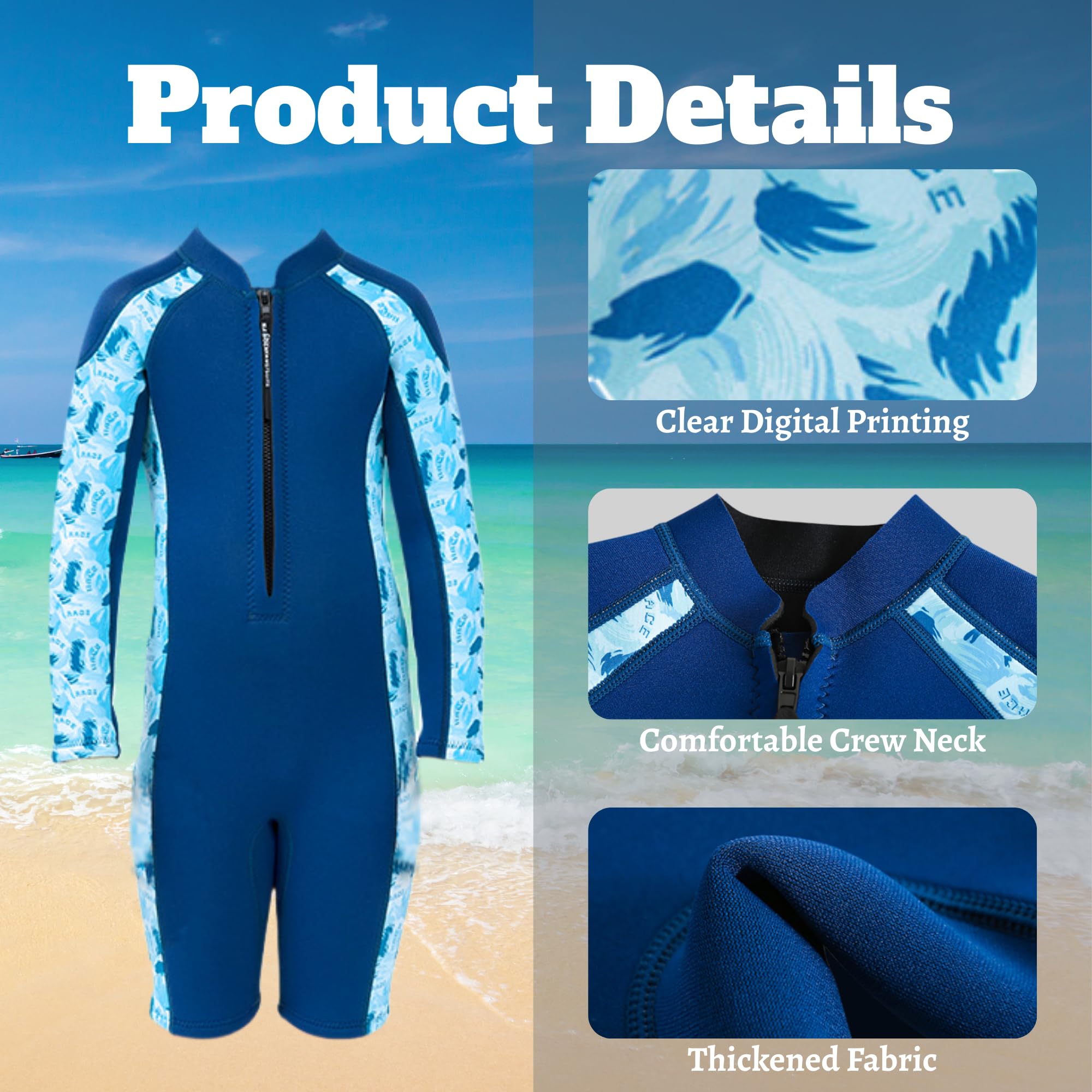 Fitcue Kids Wetsuit for Boys Girls 2.5mm Front Zipper Shorty Wet Suits Long-Sleeve Neoprene One-Piece Swimsuit for Diving Surfing Swimming, Blue, Large